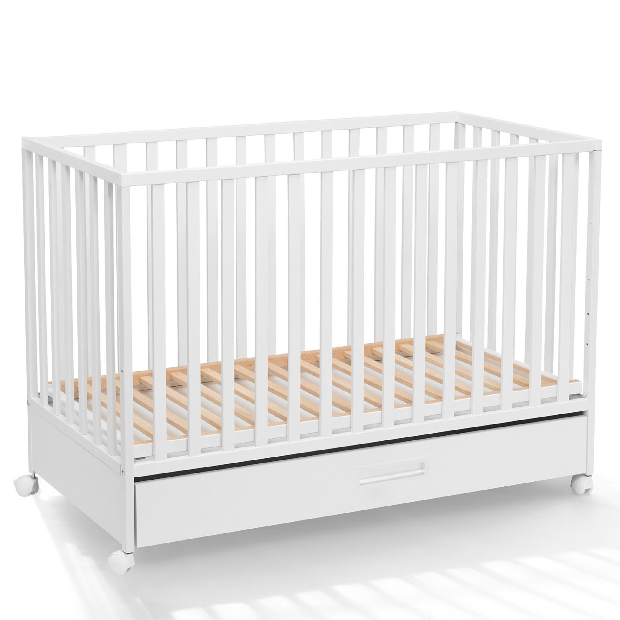 ATB Weiss Babybett mit Schubladen LUX 60x120 und Matratze - Weiss Baby Bett Für Baby - Massivholz Bed 120x60 - Kinderbett ab 3 Jahr - Weiß Crib 60 x 120 - Beyaz Bebek Yatagi - Komplett Cots Für Sleep