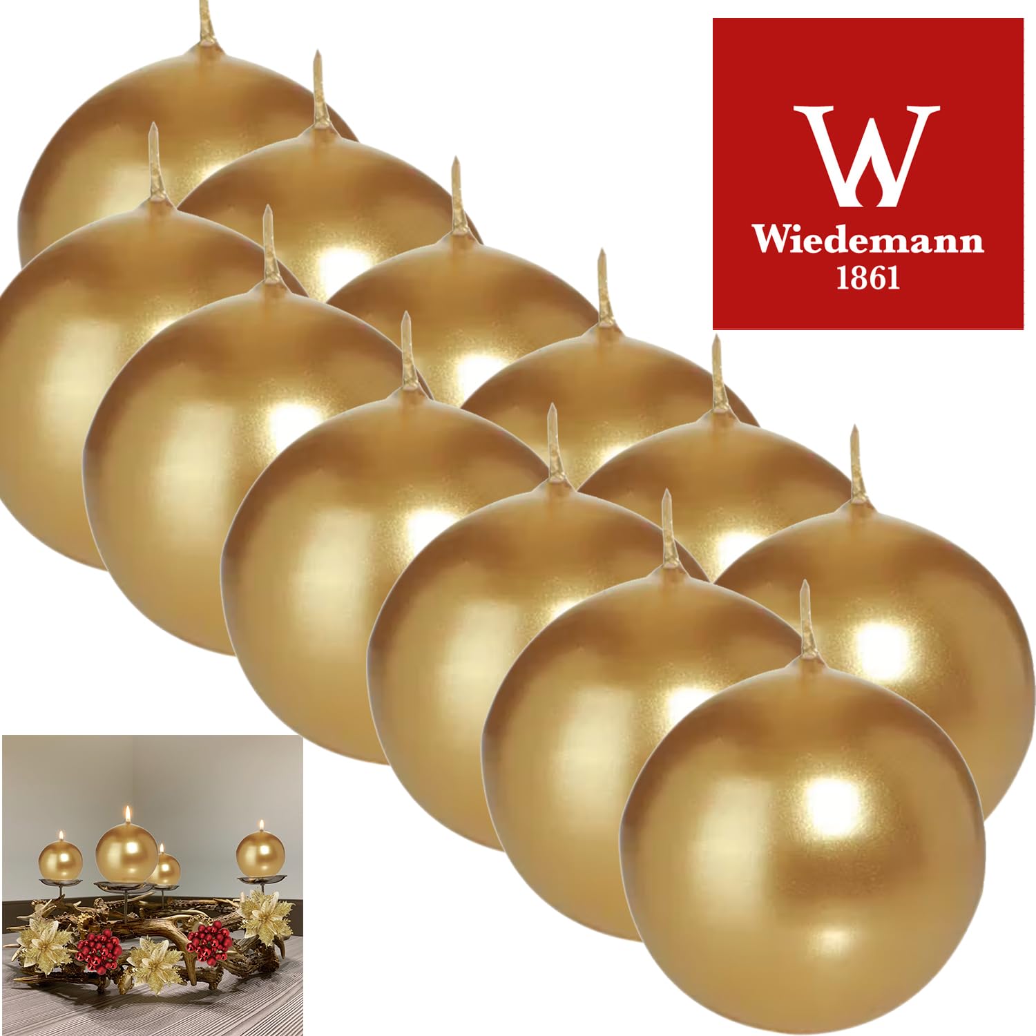 12 KUGELKERZEN Ø 7cm GOLD | Lange Brenndauer 16 Stunden | Stumpen- Kerze Kugel Echtwachs Glänzend Groß | Made in Germany