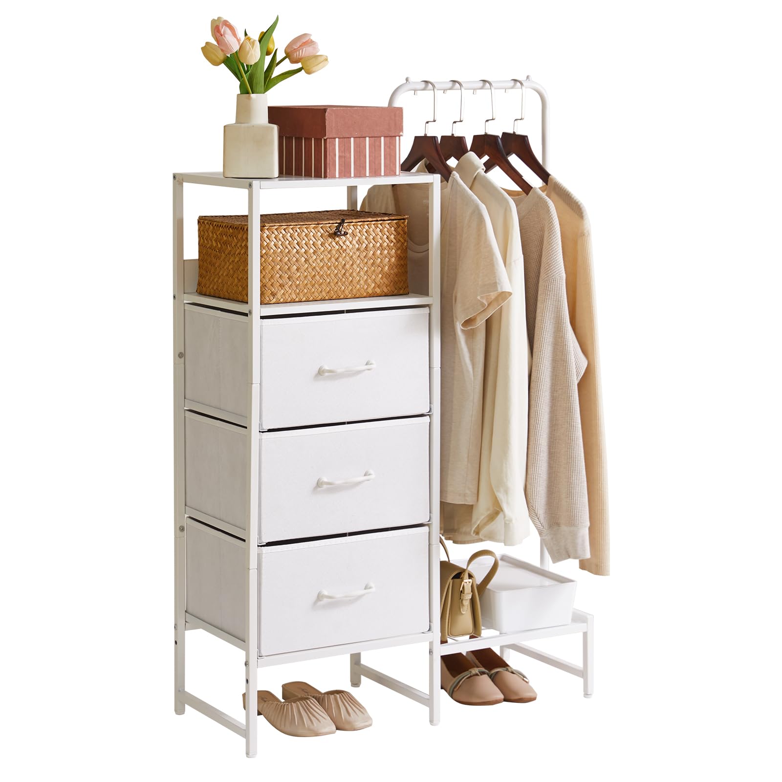 Aibiju Stoffkommode fürs Schlafzimmer, Stoffschubladenschrank mit Regalen und Kleiderstange, wendbarer Kleiderbügel für Flur, Eingangsbereich, Schlafzimmer, Wohnzimmer, Weiß YD-TM081W