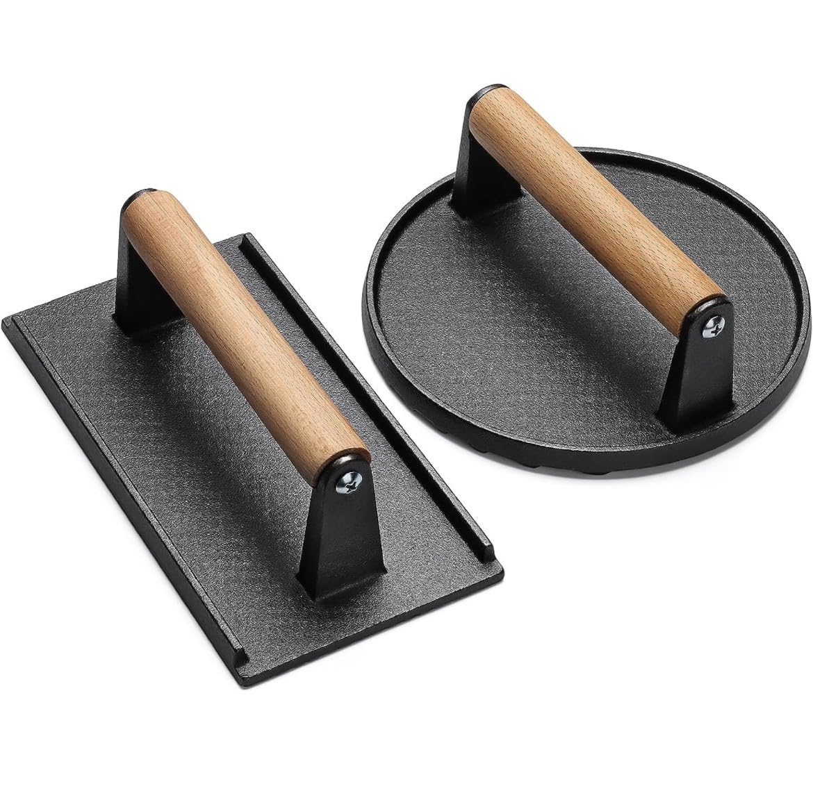 Cast Iron Burger Press Set, Round and Rectangular Grill Press with Wooden Handle, Circle — view 6