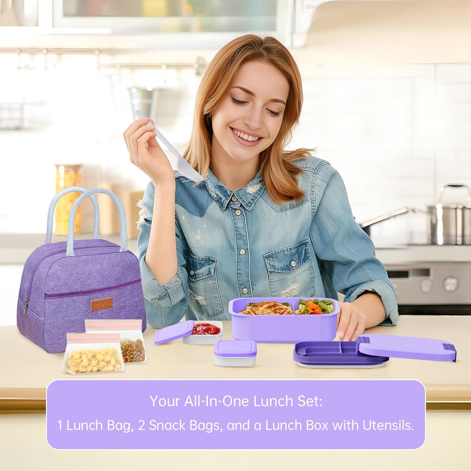 JBGOYON Bento Box and Lunch Bag Set, Leak-Proof Lunch Box for Adults and Kids with Built-in Utensils, Insulated for Work School Travel, Microwave & Dishwasher Safe, All-in-One (Purple)