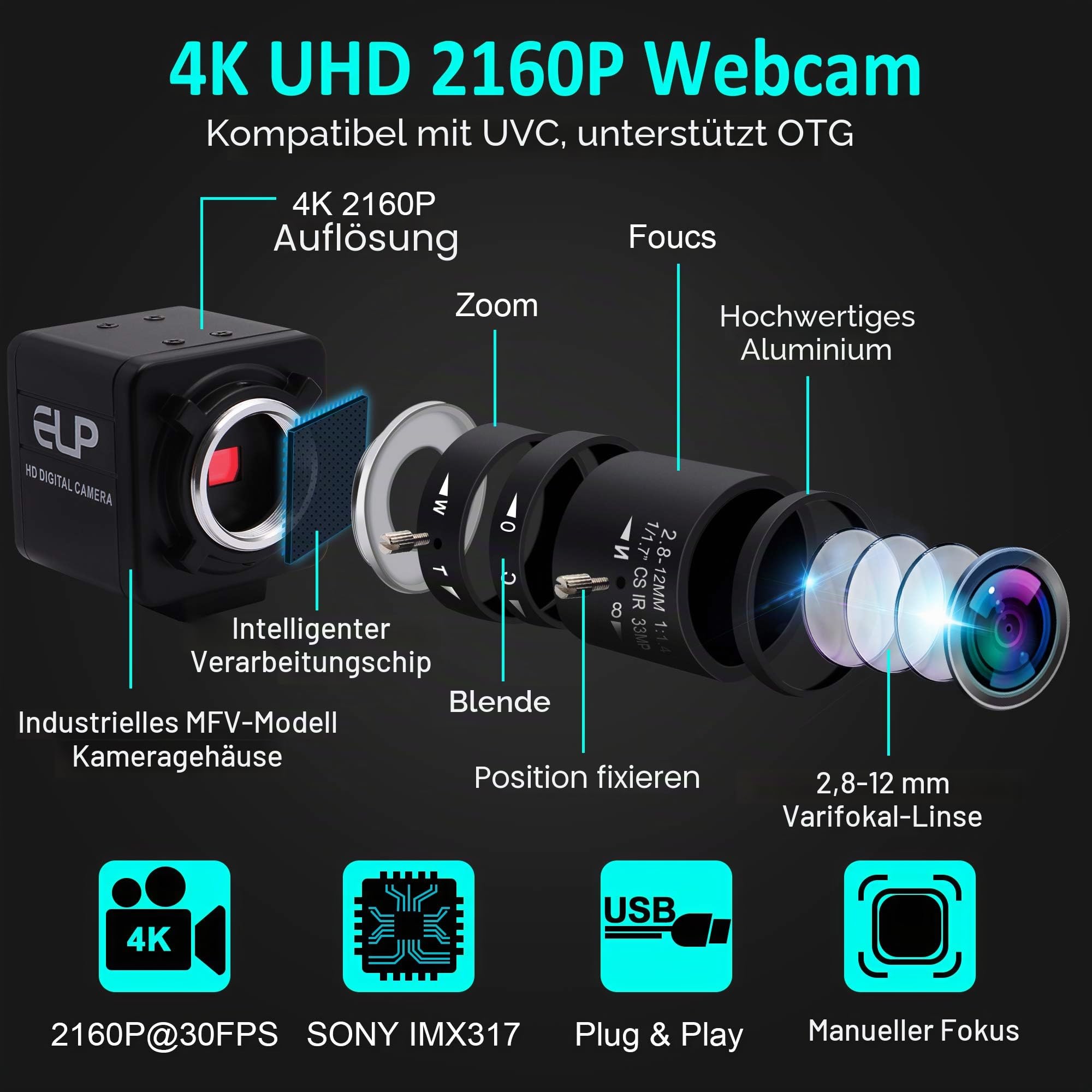ELP 4K Web Kamera,Ultra HD IMX317 USB Kamera mit 5-50mm Zoom Objektiv,PC Mini Webkamera Unterstützung 3840x2160@30fps,2160P USB Videokonferenz Webcams für Windows/Linux USB4KHDR01-MFV(5-50)