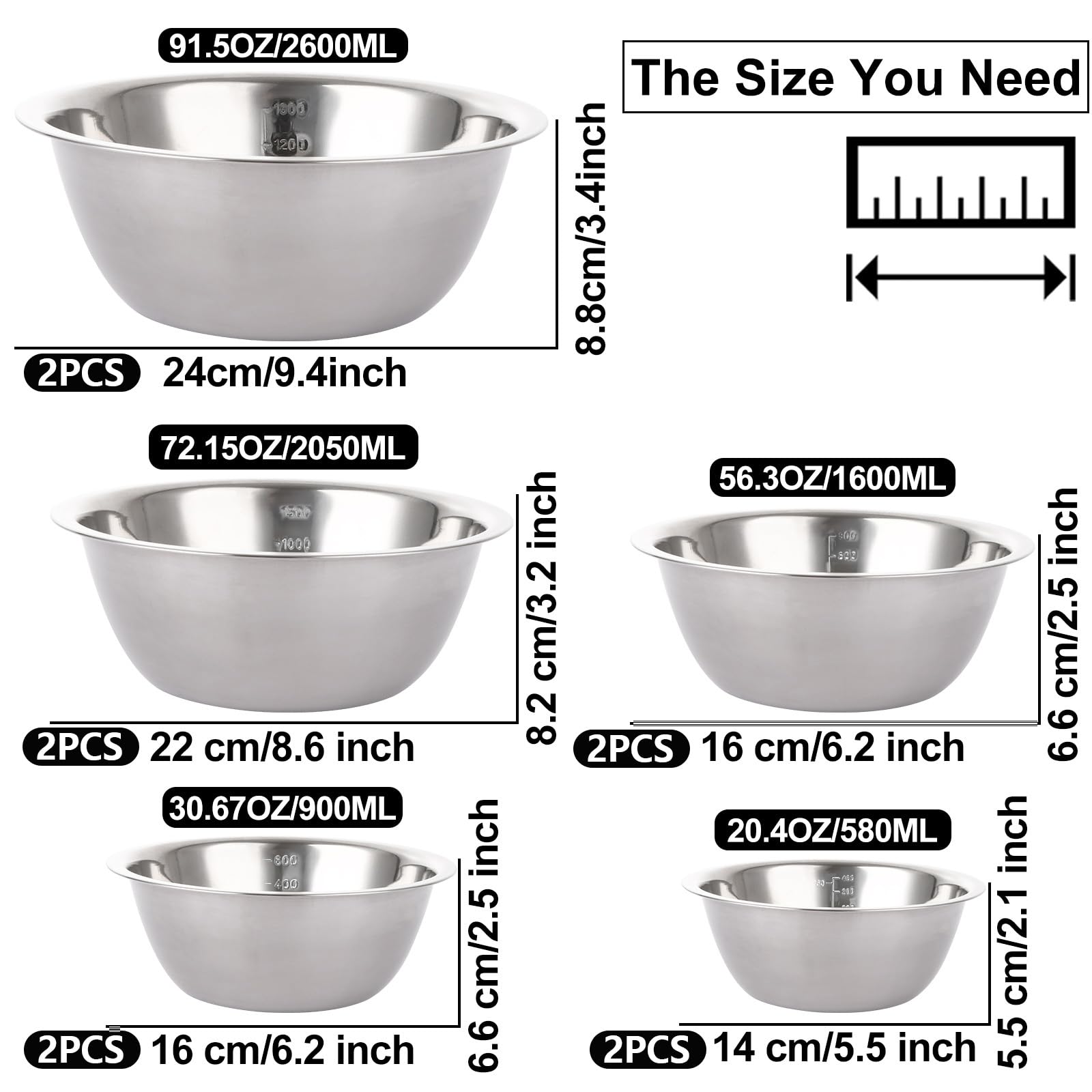 5 cuencos de acero inoxidable para hornear, cuencos de metal con marcado de medición, juego de cuencos para mezclar para cocina, preparación, apto para lavavajillas (0,58 L, 0,9 L, 1,6 L, 2,05