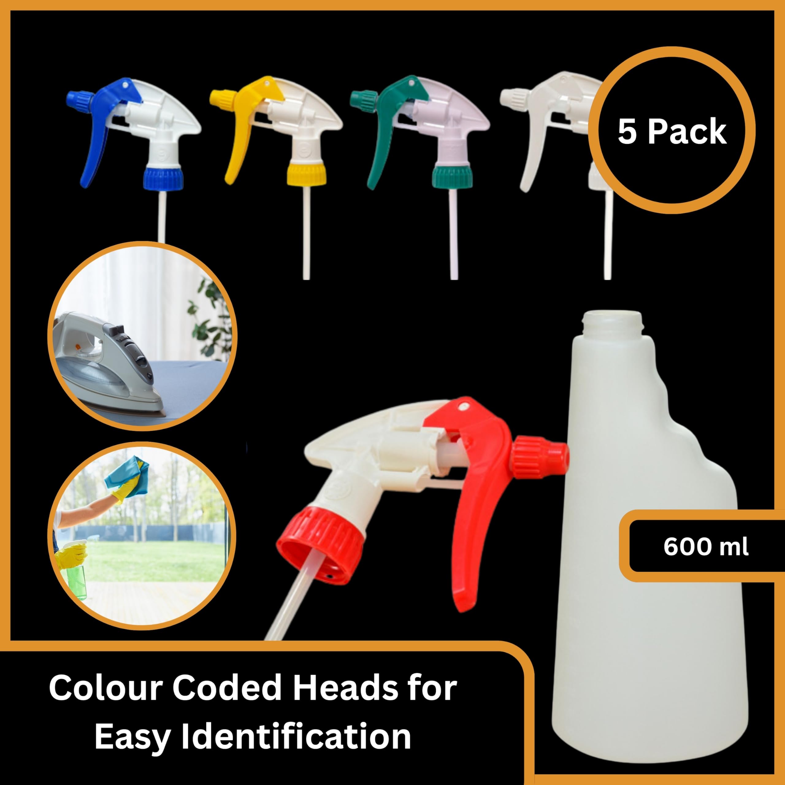 Tek Automotive Lot de 5 flacons vaporisateurs vides de 600 ml avec buse réglable, résistants aux produits chimiques, anti-fuite, pour cheveux, nettoyage, détails de voiture, essentiels de jardinage