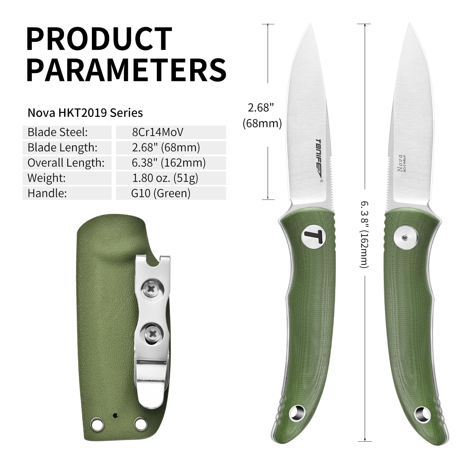 TONIFE Nova 2.68'' Blade Mini Neck Knife Knife Full Tang Fixed Blade Knife with Kydex Sheath and Adjustable Paracord Lanyard for Camping Outdoor Survival Tool (Green+Satin)