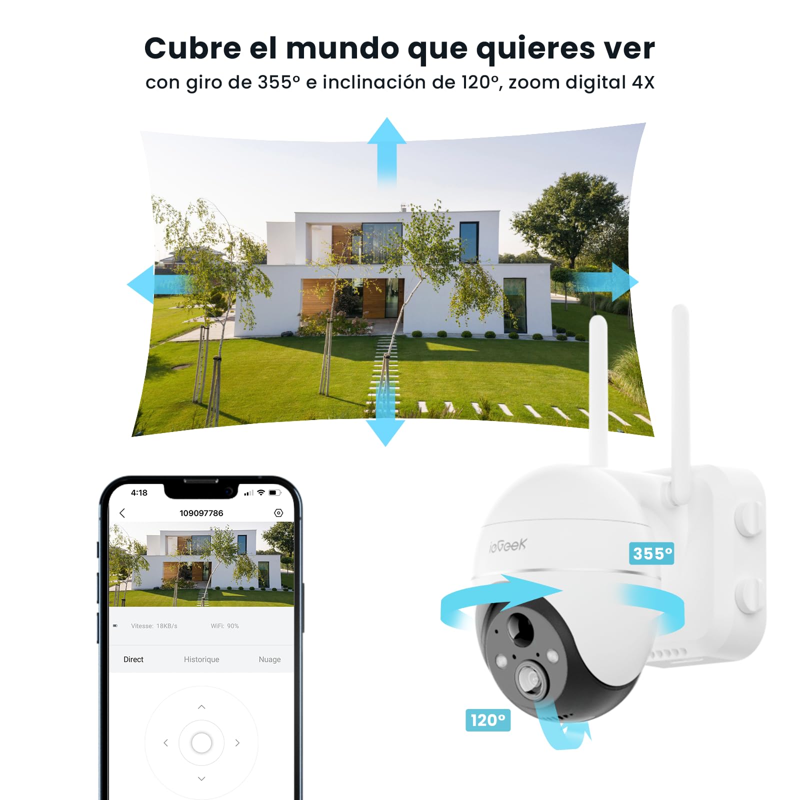 ieGeek 5MP Camara Vigilancia WiFi Exterior Solar, PTZ 360° | Detección Humana PIR, Visión Nocturna en Color, Audio Bidireccional, Almacenamiento Local/Nube, Compatible Alexa IP65