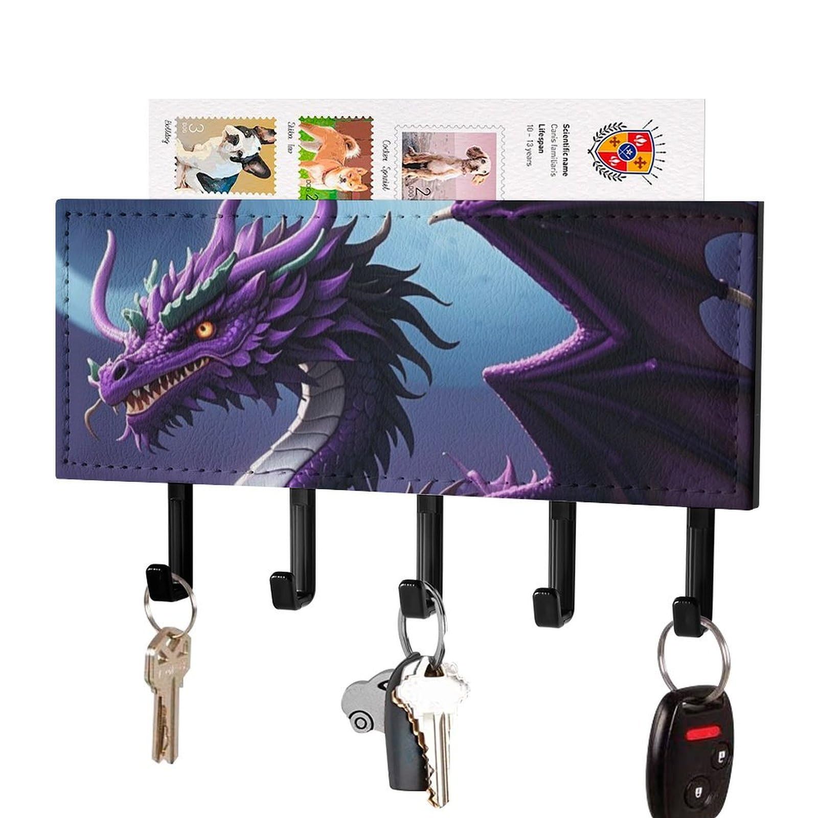 Fekiloot Black-Style Purple Dragon Purple Moon Key Holder Wall Mount Key Hanger With 5 Hooks Decorative Key Rack Hanging Key Hooks With Mail Organizer Key Holder For Wall Living Room Kitchen Bathroom Hallway Black