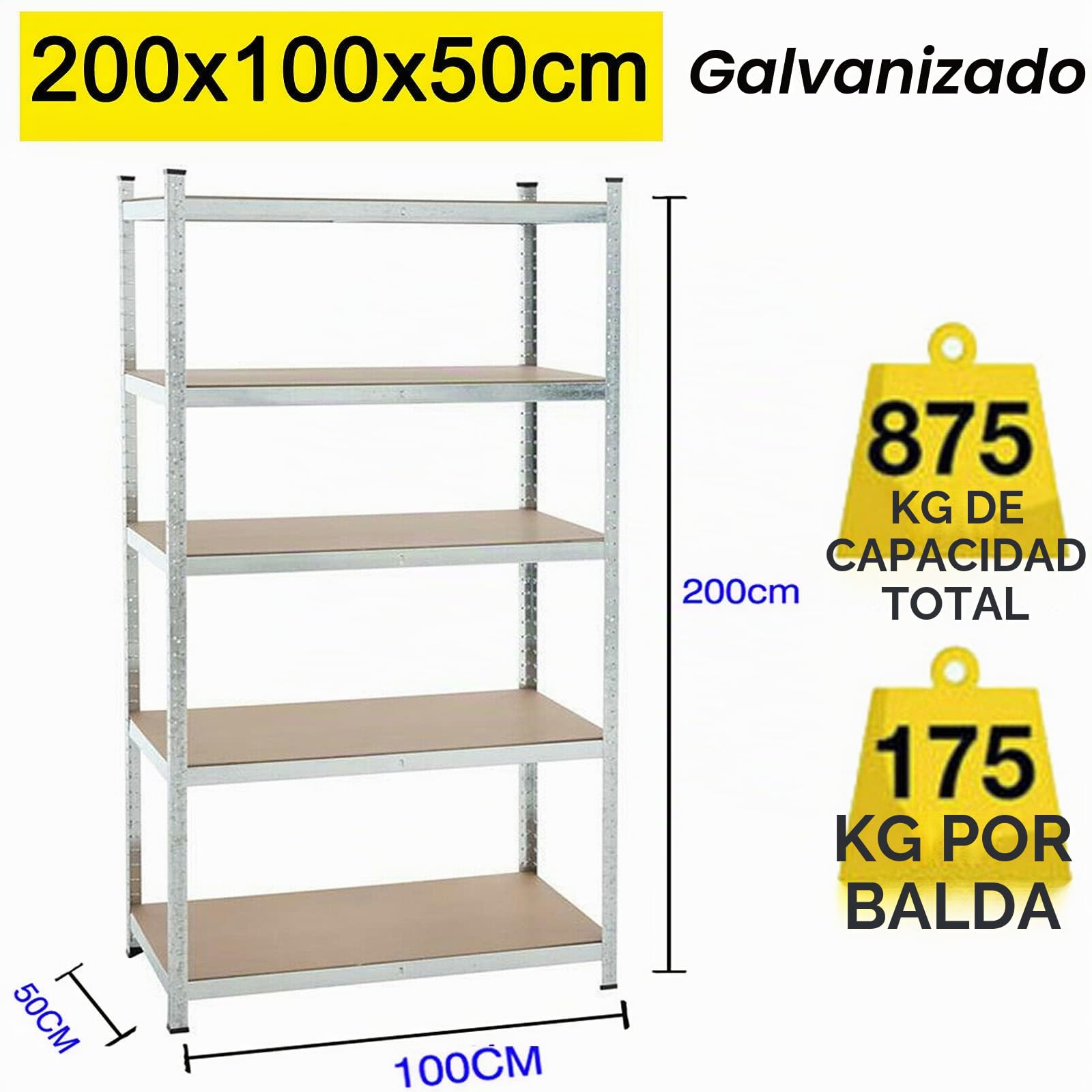 Estantería para Cargas Pesadas, 200 x 100 x 50 cm, estantería de Metal, estantería Ajustable, fácil instalación, soporta hasta 875 kg, galvanizada