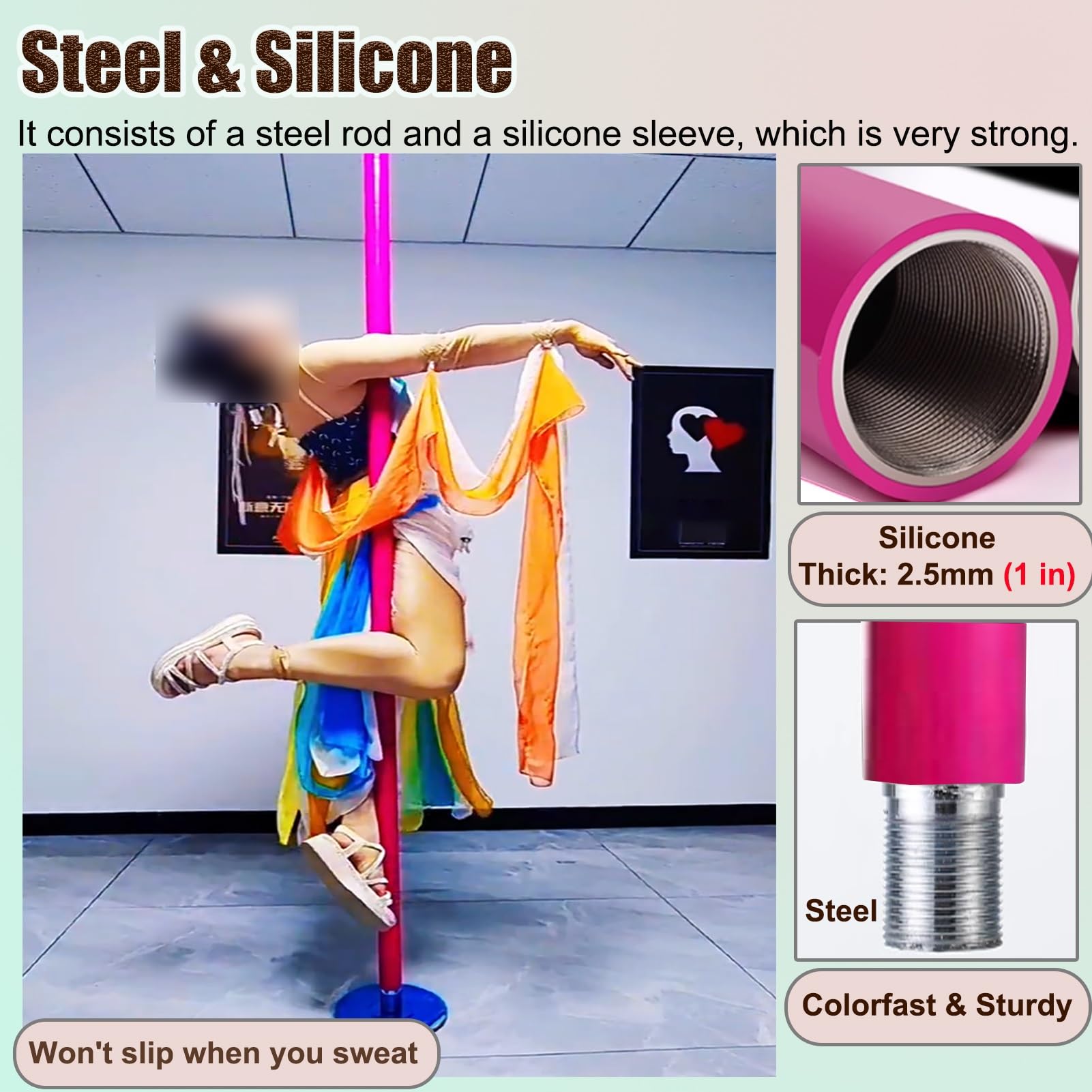 Palo Pole Dance da Casa Palo da Ballo Rotante da 45 mm e Palo di Prolunga, Rosa Palo a Strisce con Ordito in Silicone e Piastra Fissa, 2.3-2.75 m((2.3-2.75m/7.5-9ft) pole Set)