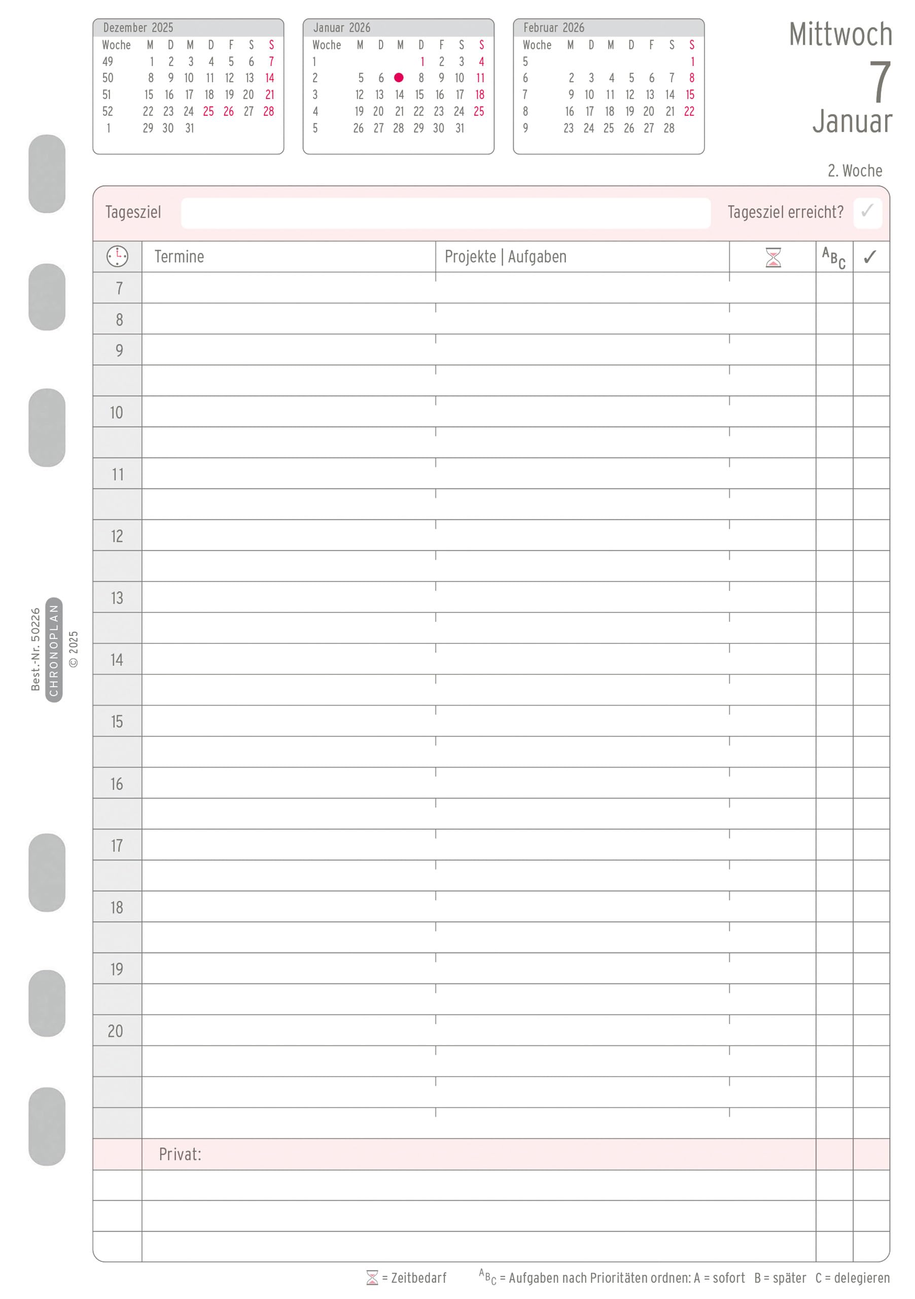 Chronoplan 50226 Kalendereinlage 2026 (Tagesplan A5 (148x210mm), Ersatzkalendarium für Terminplaner, Tagesplaner, ideal für detaillierte Tagesplanung, 1 Tag auf 1 Seite, mit Universallochung) weiß