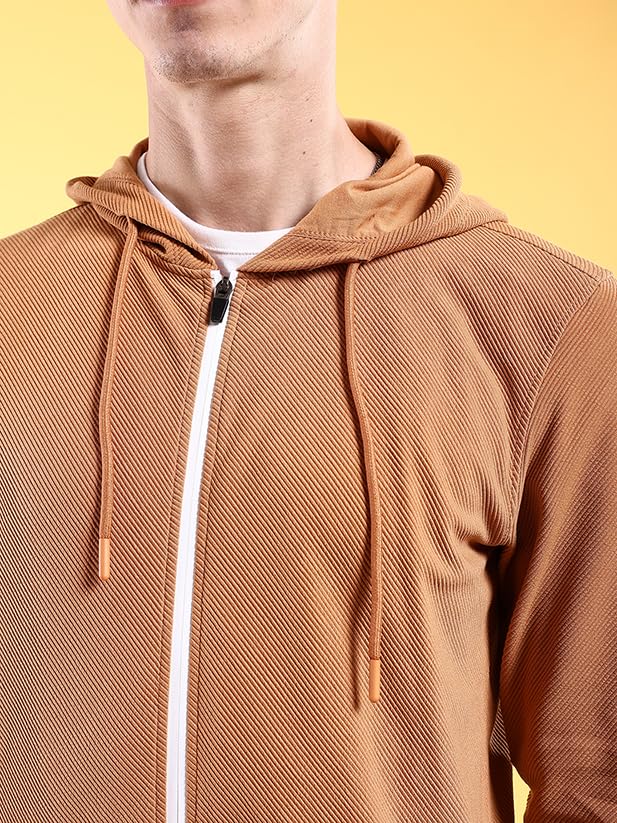 Image of The Indian Garage Co Men Regular Fit Self Design Front Open Hooded Sweatshirt