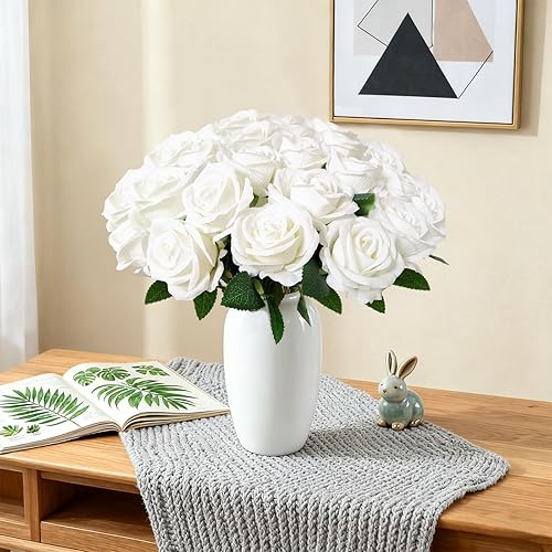 Miniatura 8 de 52 rosas blancas artificiales con tallos, ramo de rosas falsas a granel, rosas de terciopelo de seda para centros de mesa de boda, baby shower,