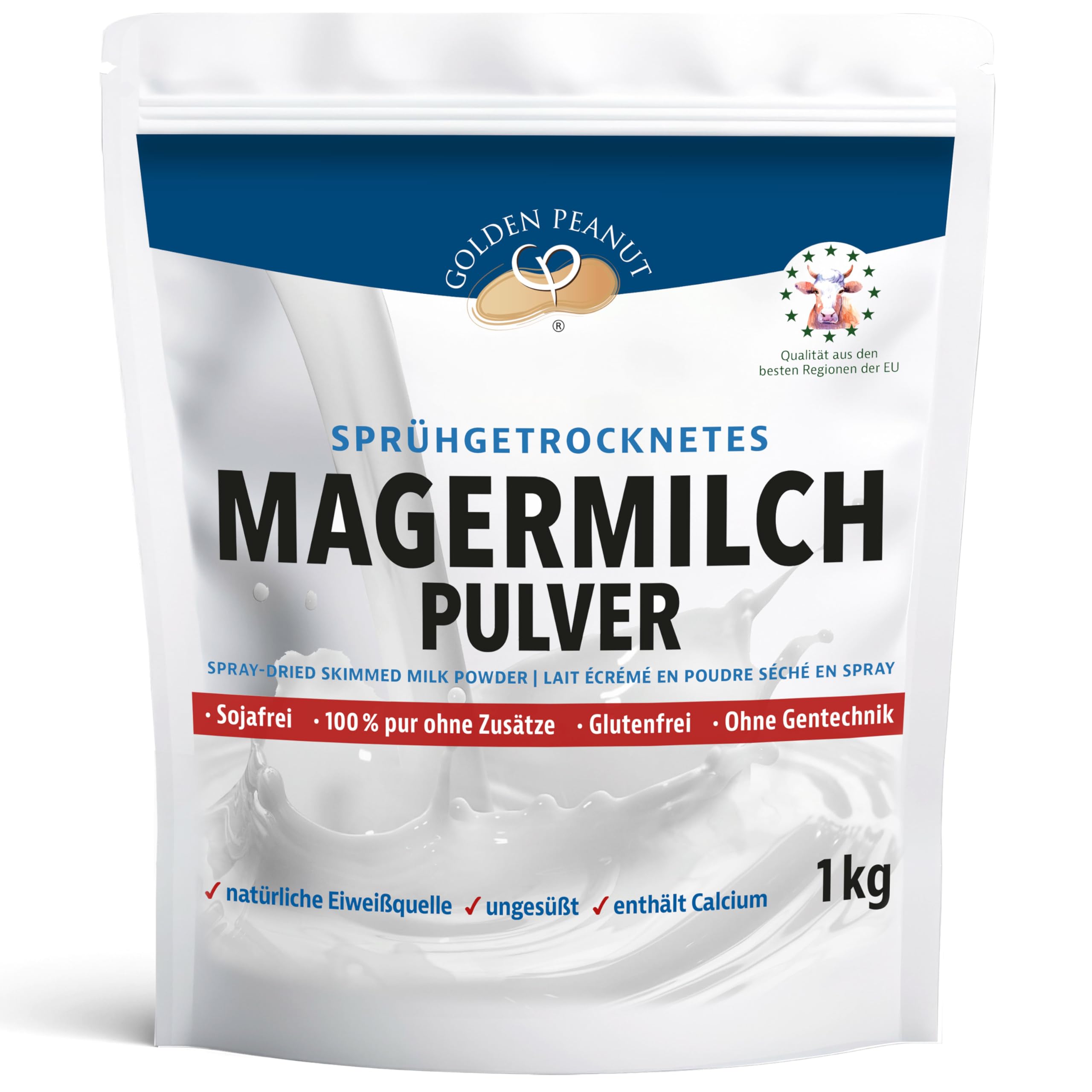 GOLDEN PEANUT Magermilchpulver 1 kg - fettarm sprühgetrocknet, lange haltbare Magermilch, Frischmilch Ersatz, Eisherstellung, Herkunft EU