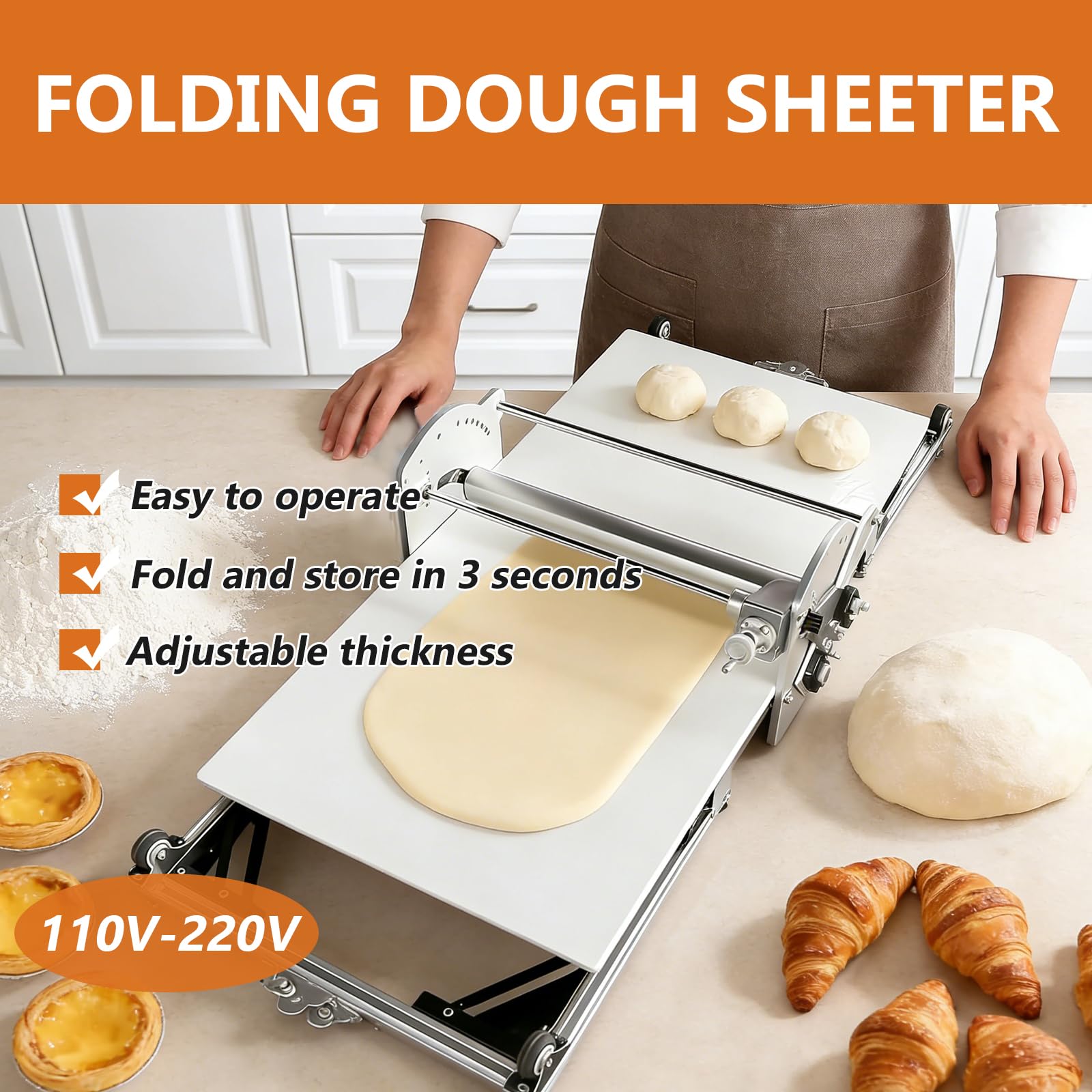 Buhelyc Sfogliatrice Pieghevole Sfogliatrice per Pasticceria in Acciaio Inox Spessore Regolabile per Cucine Domestiche