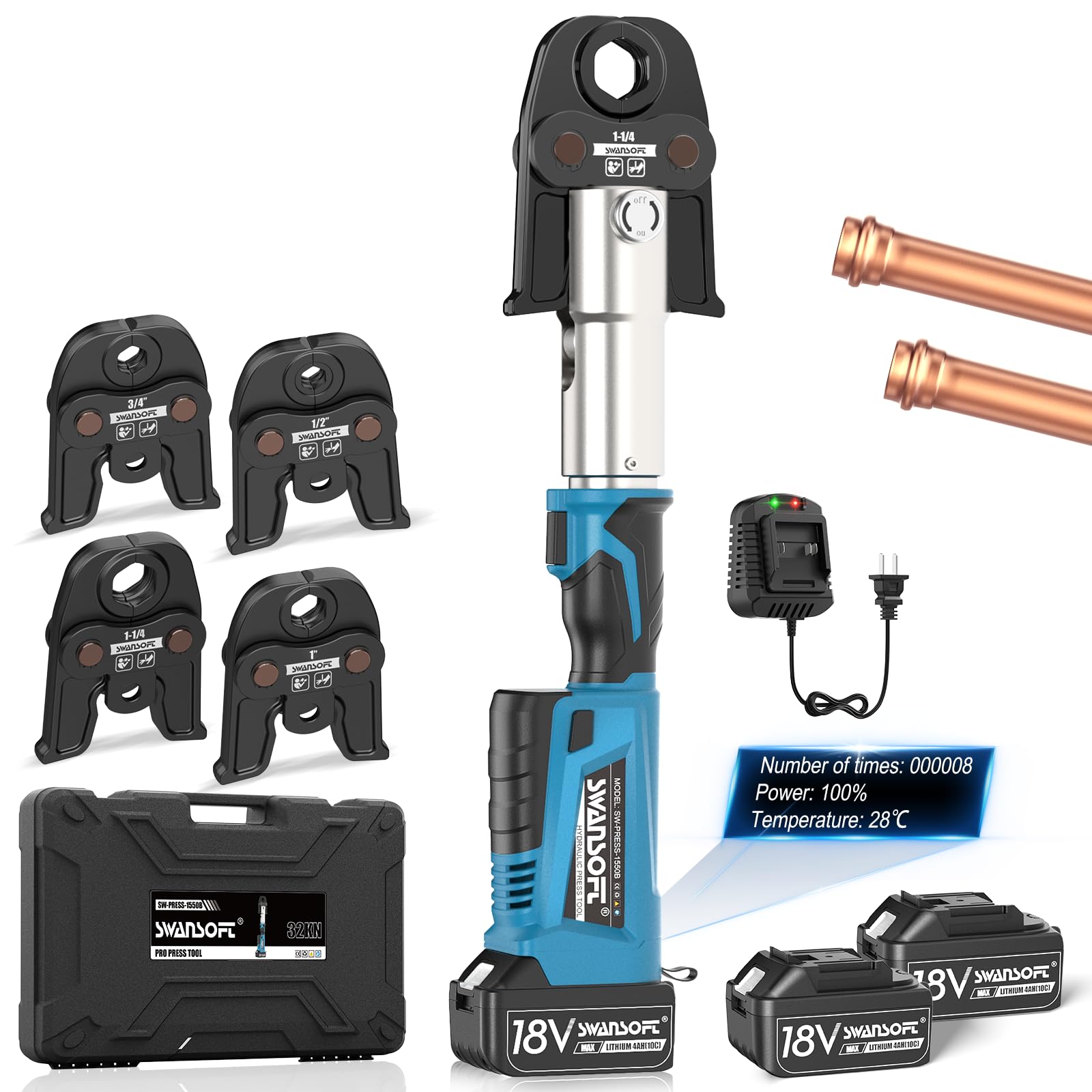 SWANSOFT Pro Press Tool, 18V 4Ah Hydraulic Copper Crimping Tool