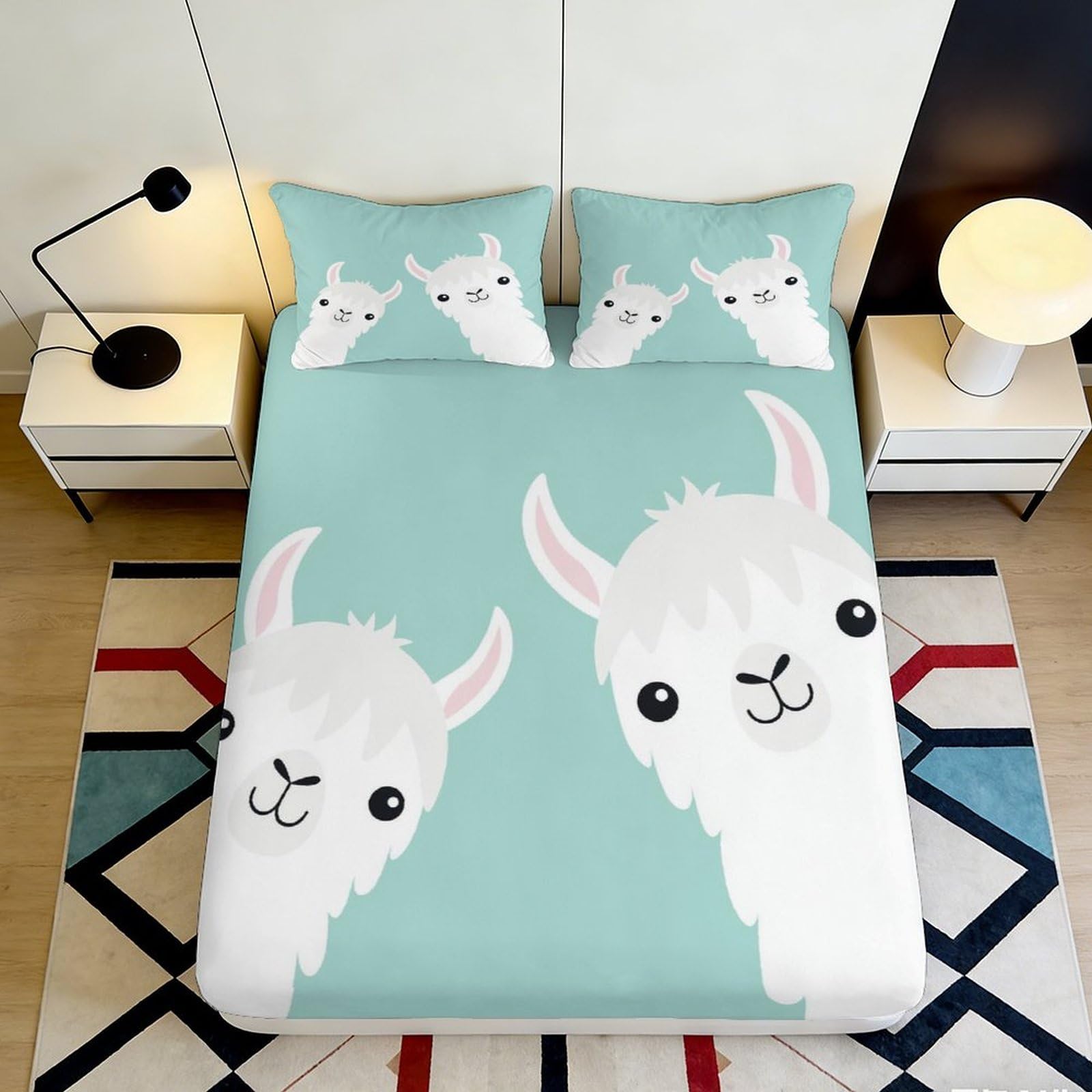 3D Printed Cute Lama Fitted Sheet Microfiber Soft Breathable Alpaca Bed Cover for Bedroom Dormitory Guest Room Mattress Protection Decor 160x200x25cm
