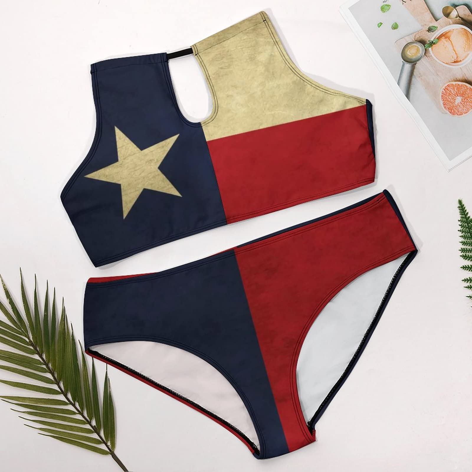 SEPTYK Texas Lone Star State Flag Pattern Women Sexy Bikini 2 PC Plus Size Swimsuits Hollow Out High Neck Bathing Suit 3XL
