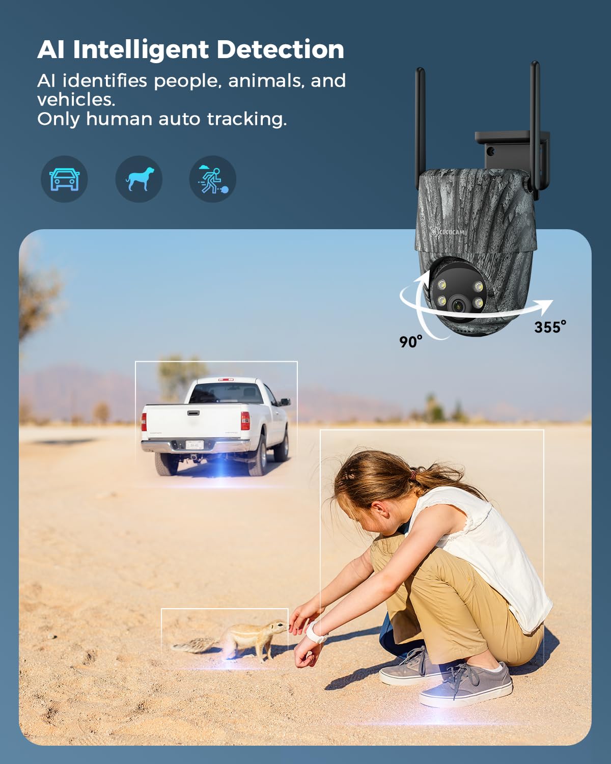 COCOCAM 24/7 AOV 4G LTE bez WiFi Kamera bezpieczeństwa | Kamera Szlakowa, AI Wykrywanie, Śledzenie, Noktowizja 30m, Bateria 15000mAh, Panel 8W, eSIM, BEZ WiFi