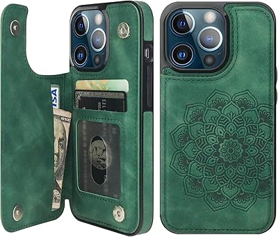 Vaburs Compatible with iPhone 14 Pro Case Wallet with Card Holder, Embossed Mandala PatternÂ Flower PU Leather Double Buttons Flip Shockproof Cover for Magnetic Car Mount 6.1 Inch (Dark Green)
