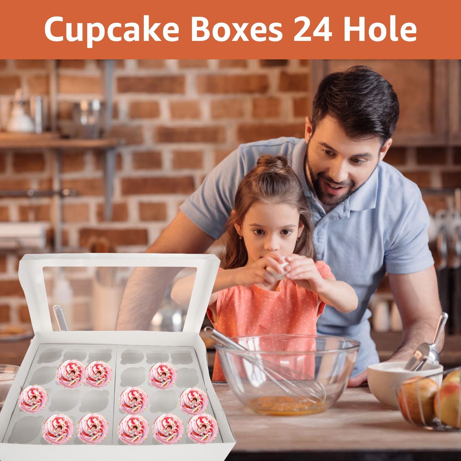 10 cajas para cupcakes con 24 agujeros, cajas para cupcakes con ventana, insertos y cintas, caja blanca de 24 cupcakes para cupcakes y magdalenas, 43 x 31 x 9 cm