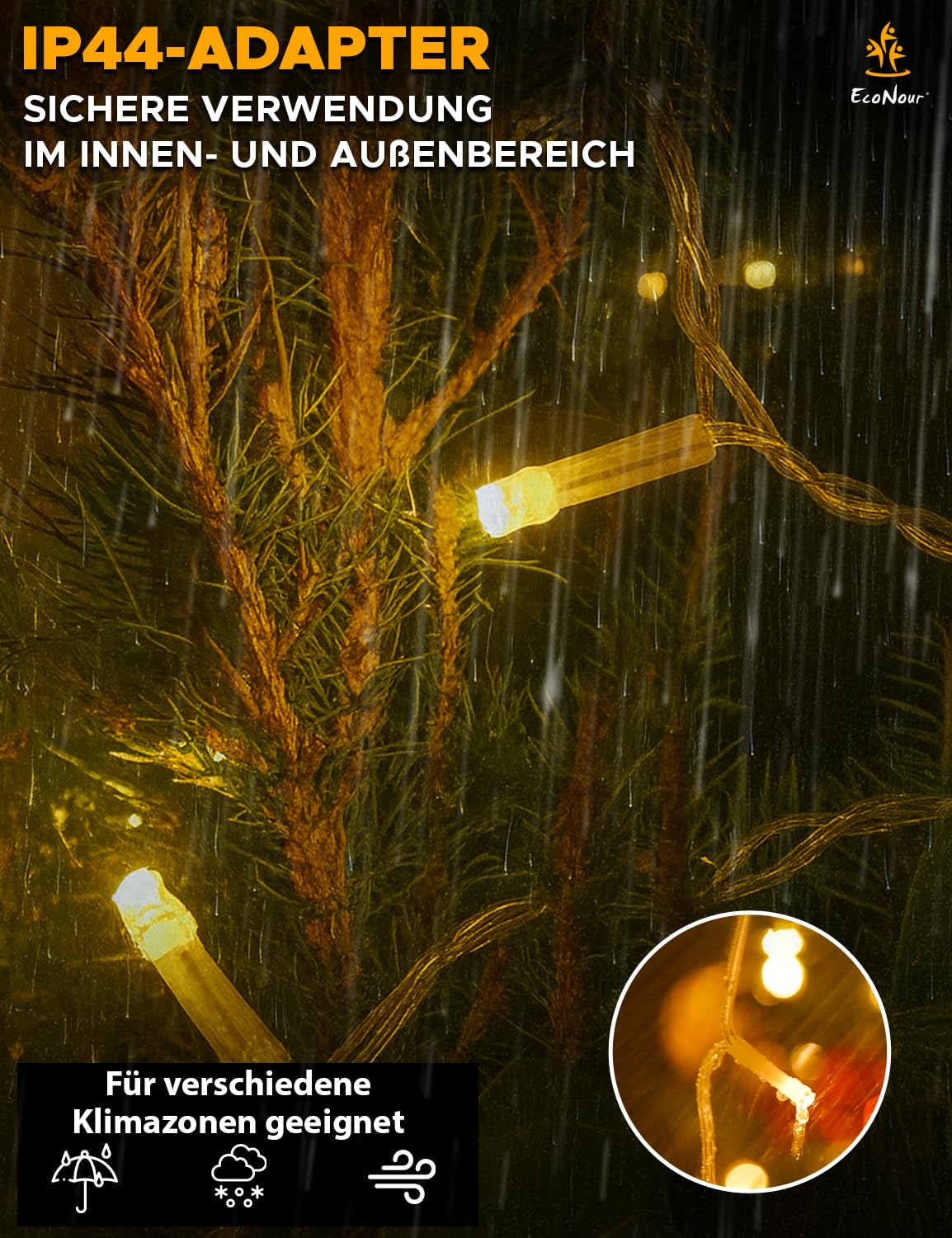 EcoNour Eiszapfen-Lichterkette für den Außenbereich, 2000 LEDs, 60 m, warmweiß, mit Timer für Weihnachten, Garten & Party | Netzbetriebenes, transparentes Kabel
