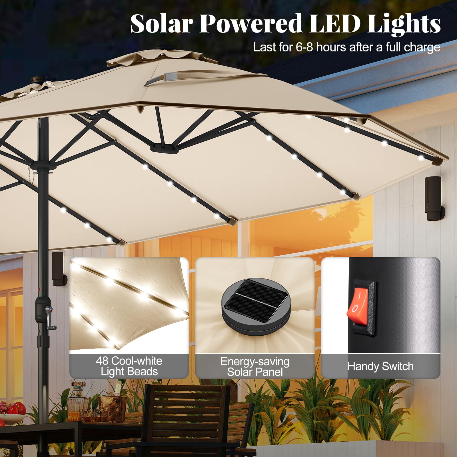 Tangkula 15FT Double-Sided Solar Patio Umbrella, Extra-Large Outdoor Twin Umbrella with 48 LED Lights, Vented Top, Crank Handle, 12 Ribs, Weighted Base Included for Backyard Poolside Deck (Beige) : Patio