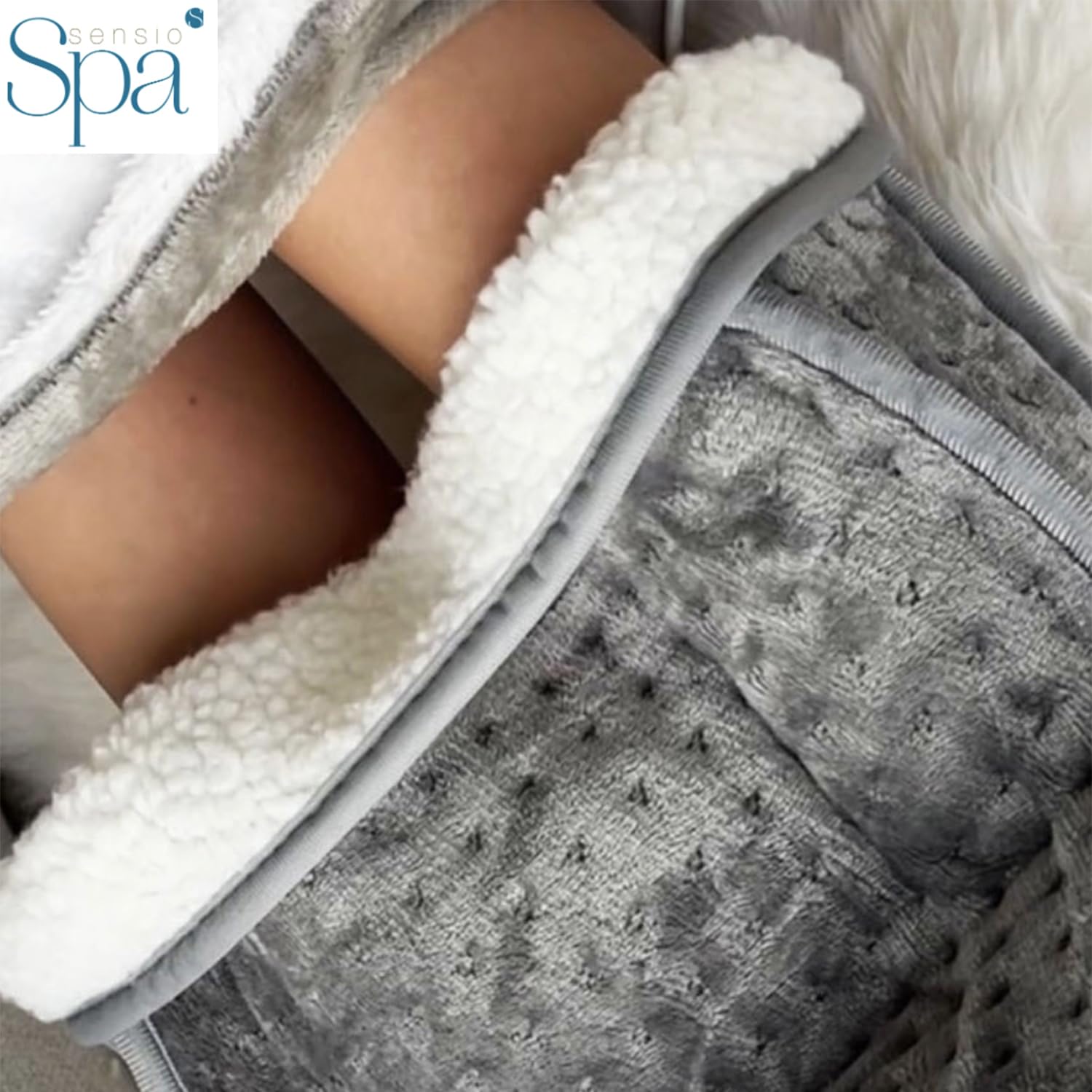 Sensio Spa Fußwärmer, warm und gemütlich, grau, elektrische Fußheizung für kalte Füße, 4 Temperatureinstellungen, weiches Plüsch-Fleece, schnelles Aufheizen, waschbar, Schutz vor