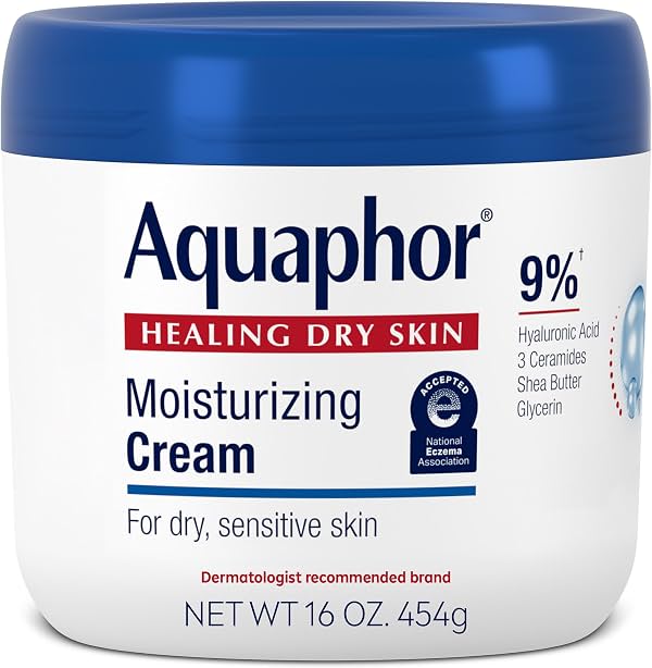 Aquaphor Crema Humectante para Cara y Cuerpo con Ácido Hialurónico, 16 OZ | Humectante para Cara y Cuerpo para Piel Seca y Sensible, 48 Horas de Hidratación, No Comedogénico, Libre de Parabenos, Colorantes y Fragancias 16 Fl Oz (Paquete de 1)