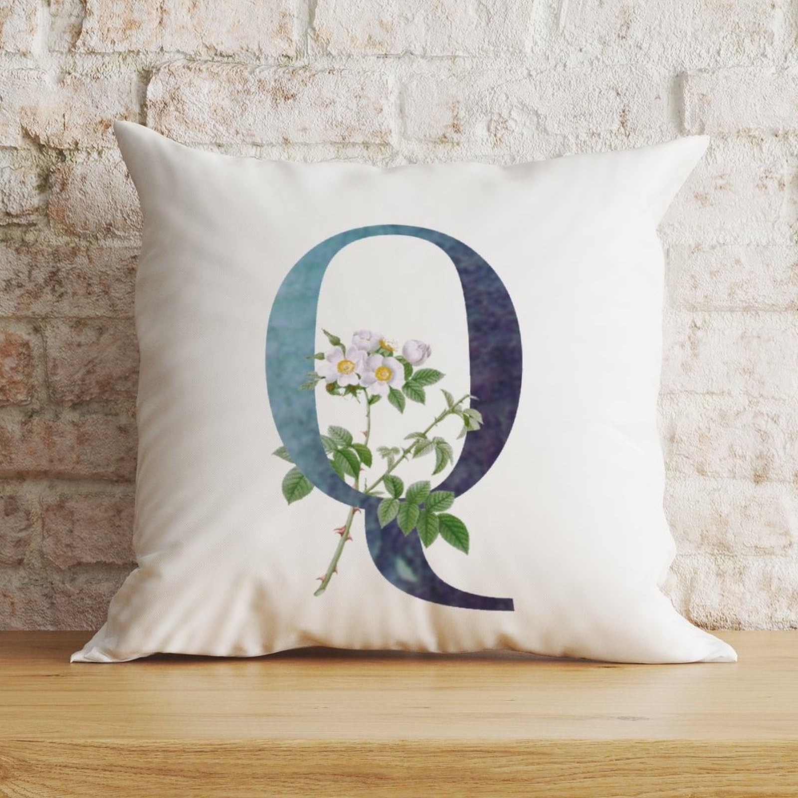 Zyadsinoudor Throw Pillowcase Initial Letter Q Blue Cushion Cases Monogram White Floral 24x24in Decorative Pillow Home Cotton Linen Monogram Letter Abstract Pillowcase For Bedroom Couch Bed