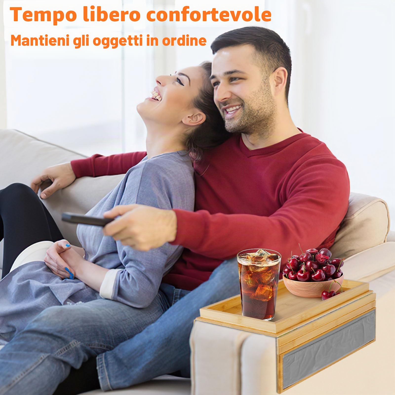 Vassoio per divano in bambù organizer per braccioli pieghevole con tasca laterale, organizer per comandi per bevande e snack, sottobicchiere per braccioli -Base antiscivolo