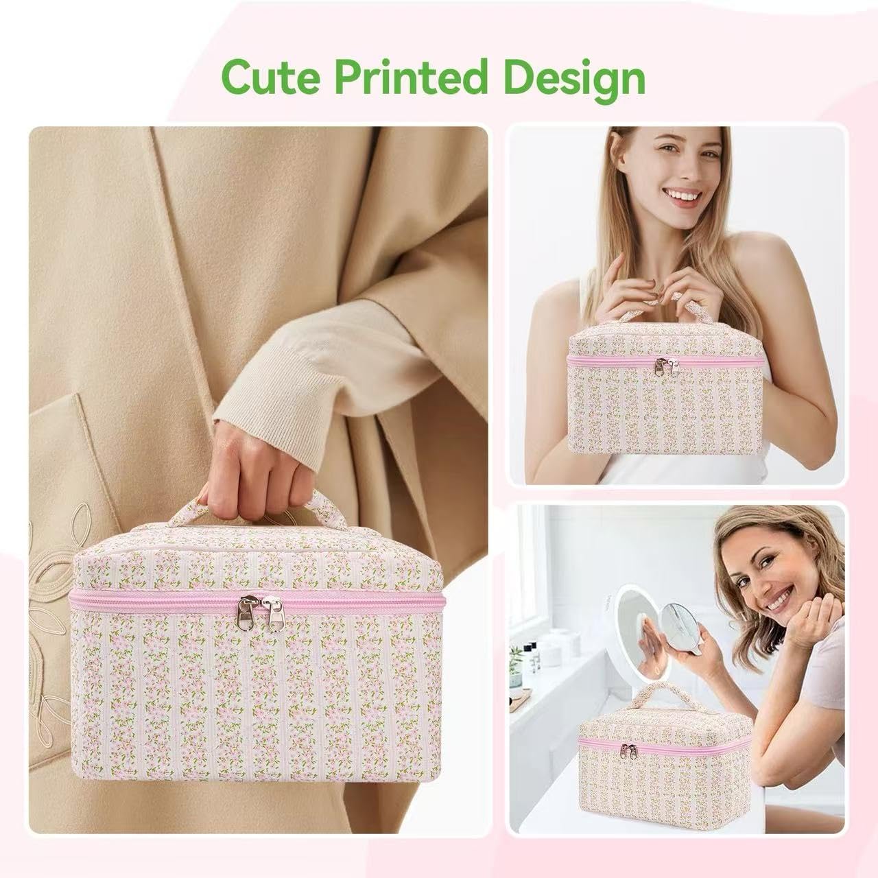 Large Travel Quilted Makeup Bag,Cute Bow Cotton cosmetic bag, Fashionable aesthetic makeup bag,Coquette Aesthetic Floral Travel Toiletry Bag for Women and Girls - Image 6