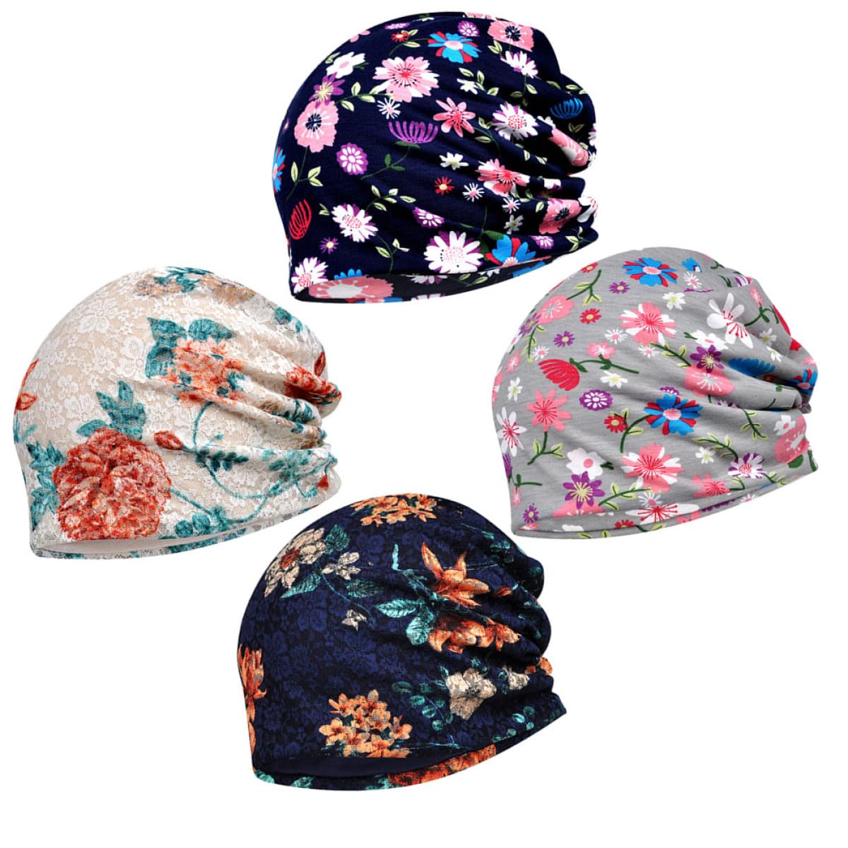 BESPORTBLE Set 4 Pezzi Cappelli da Notte Donna in Cotone Design Pizzo Floreale Traforato, Leggeri, Traspiranti e Flessibili per Dormire e Gravidanza Stile Casuale