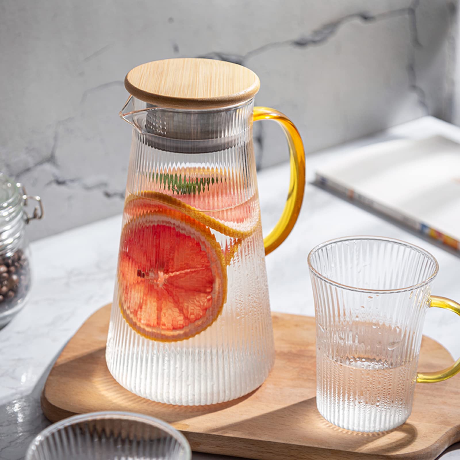 食器 S.U.S. Wood Lid Pitcher (L) Amazon.com: with Wooden Lid Glass Beverage Pitcher Carafe