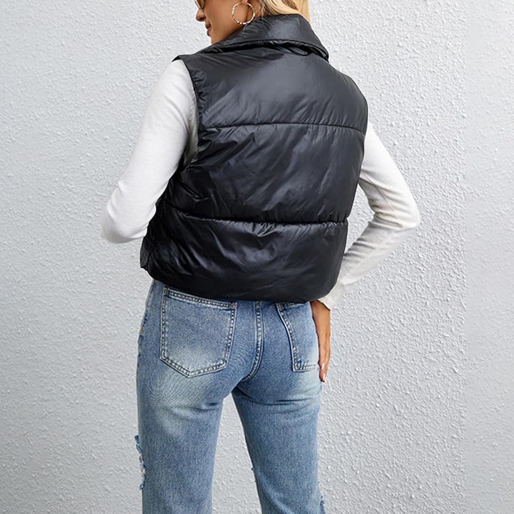 Womens Cropped Puffer Vest Stand Collar Zip Up Cropped