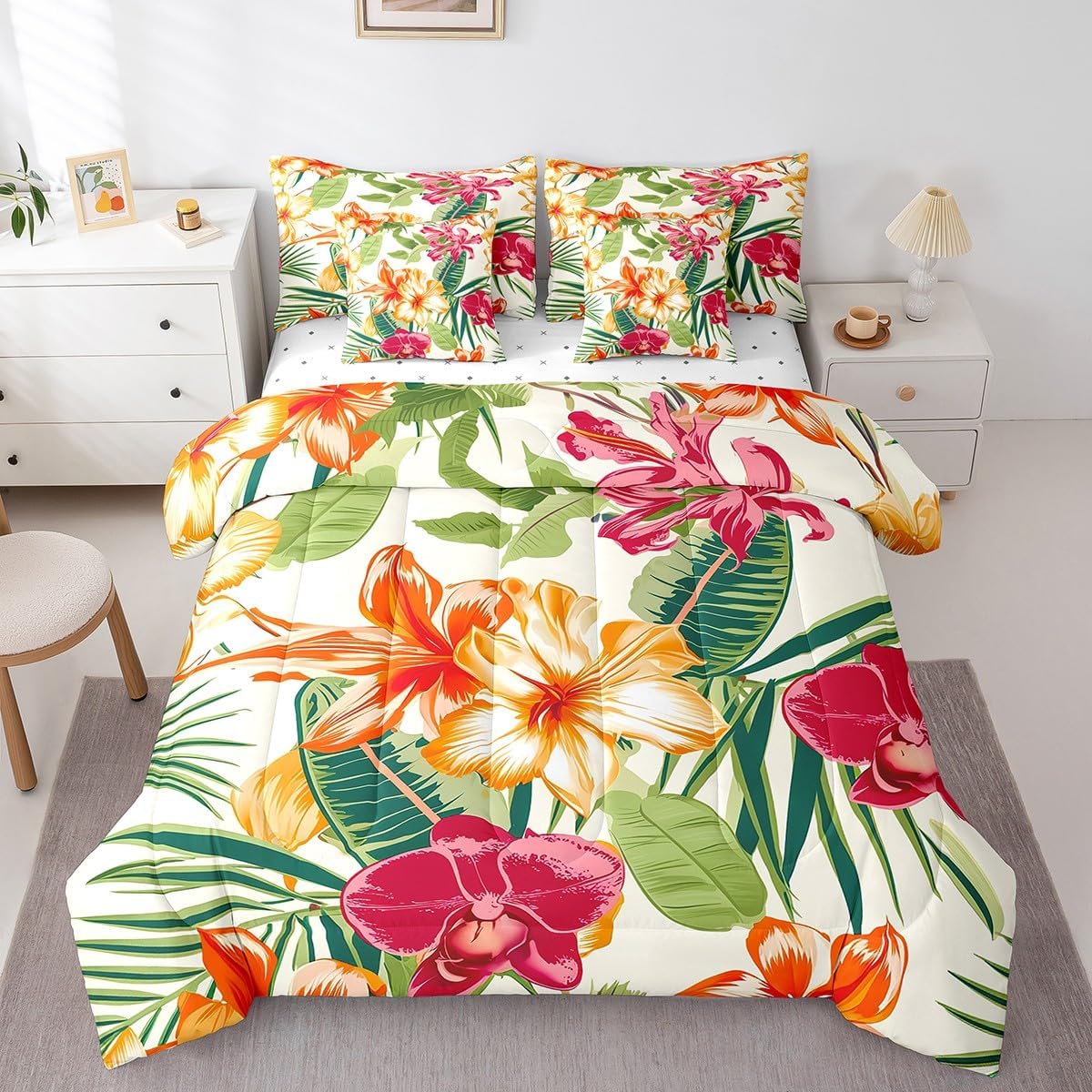 Feelyou Tropical Leaves 7 Pieces Comforter Cover Set Queen Size Palm Leaf Floral Botanical Nature Theme Butterfly Complete Bedding Comforter Sets with Comforter, Sheets, Pillowcases, Cushion Covers