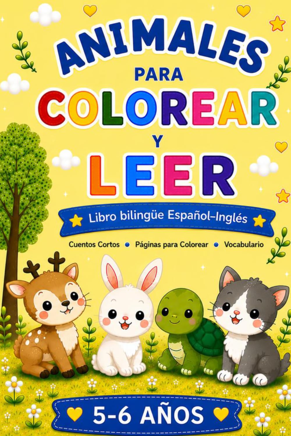 Animales para Colorear y Leer: Libro bilingüe Español-Inglés para niños de 5 a 6 años | Cuentos cortos y dibujos adorables para aprender vocabulario en dos idiomas