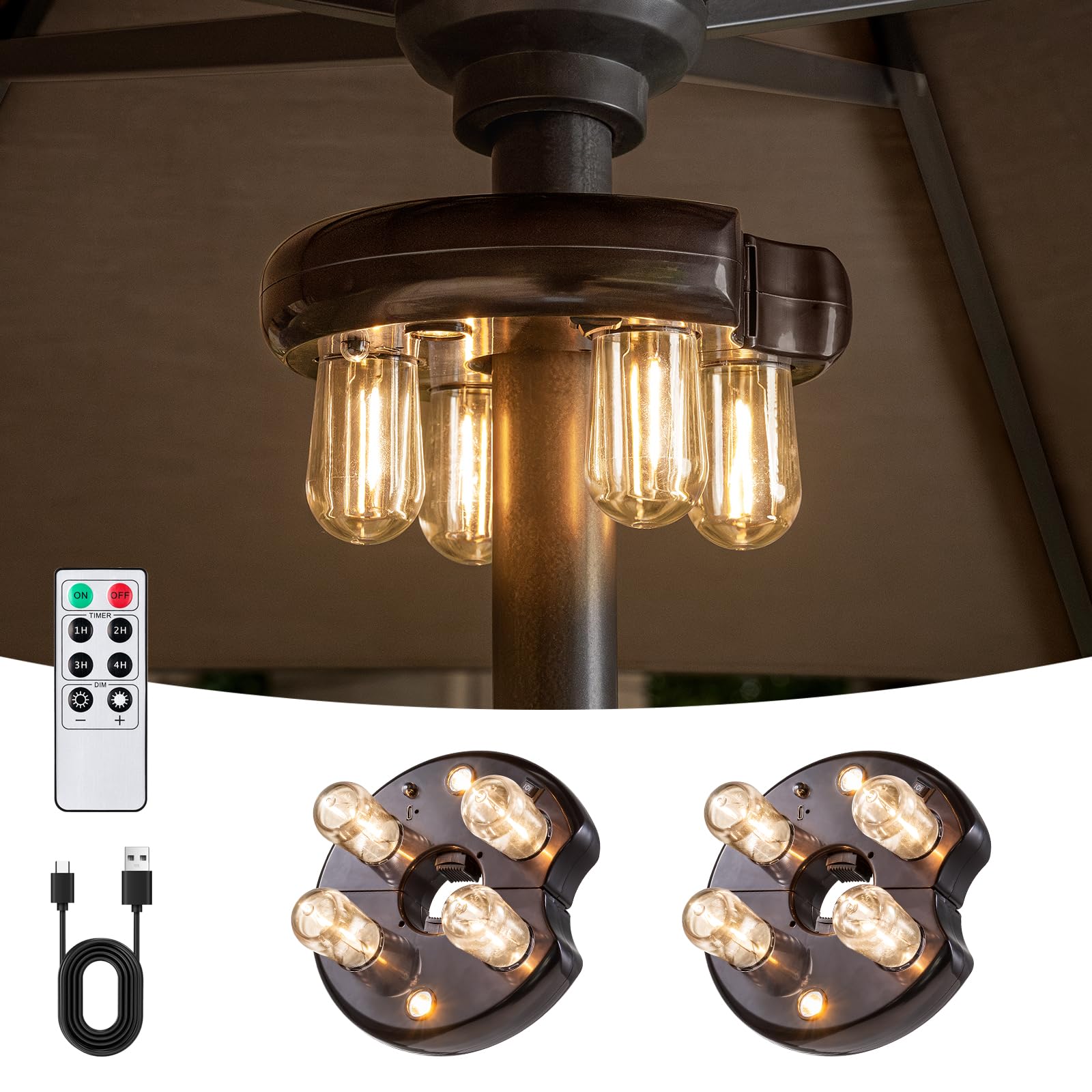 Doughnut Outdoor Patio Umbrella Light with Remote Control,Rechargable and Battery Powered Pole Light for Umbrella,Wireless Under Umbrella Lights Brightness Dimmable and Timer - Chocolate (2 PK)-image-10
