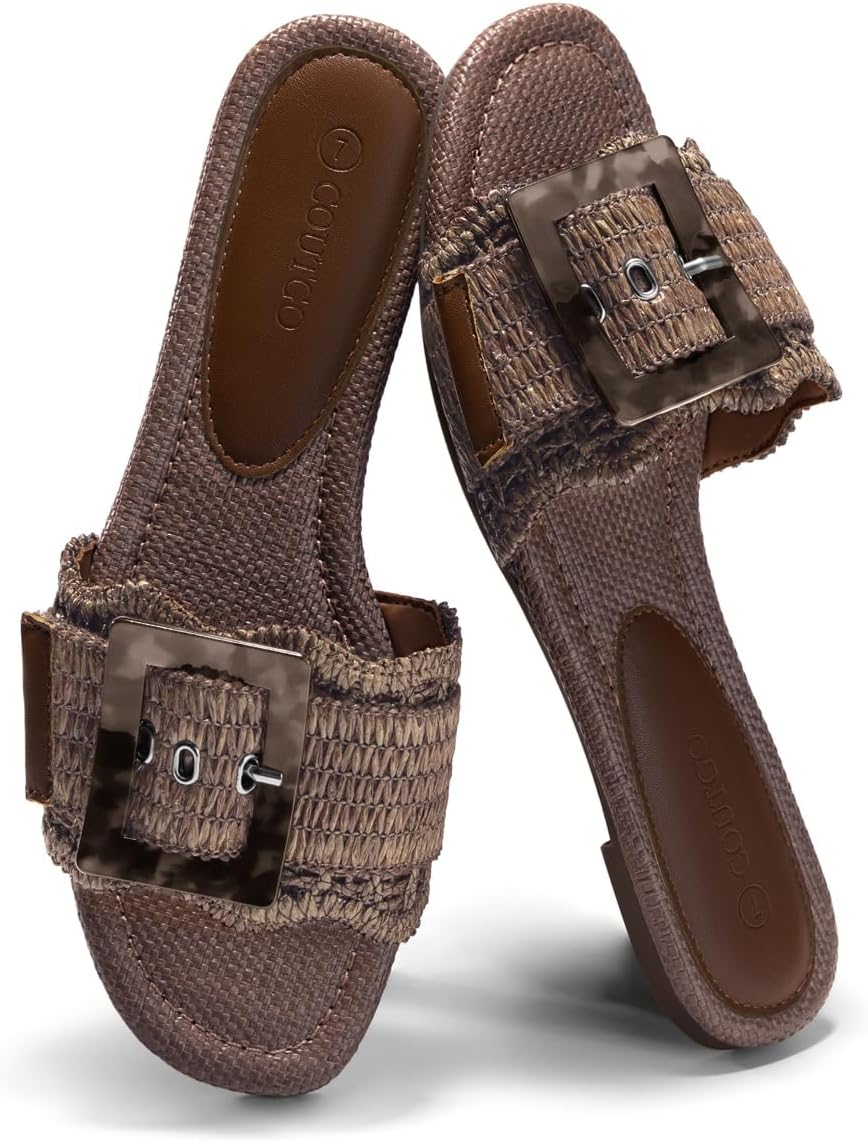 Coutgo Womens Flat Sandals Raffia Slip On Slide Sandal Square Open Toe Buckle Summer Beach Shoes Flats