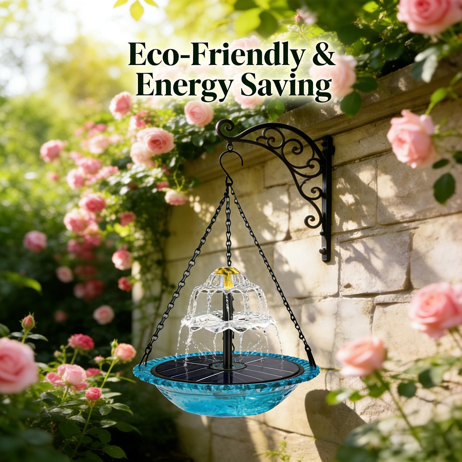 Solar Cascade Hanging Bird Bath Fountain, Outdoor Hanging 9.84''W Bird Bath with Solar Fountain, Weatherproof Hanging Water Feature for Outdoor Garden Backyard Patio Lawn (Three-Tier Fountain)