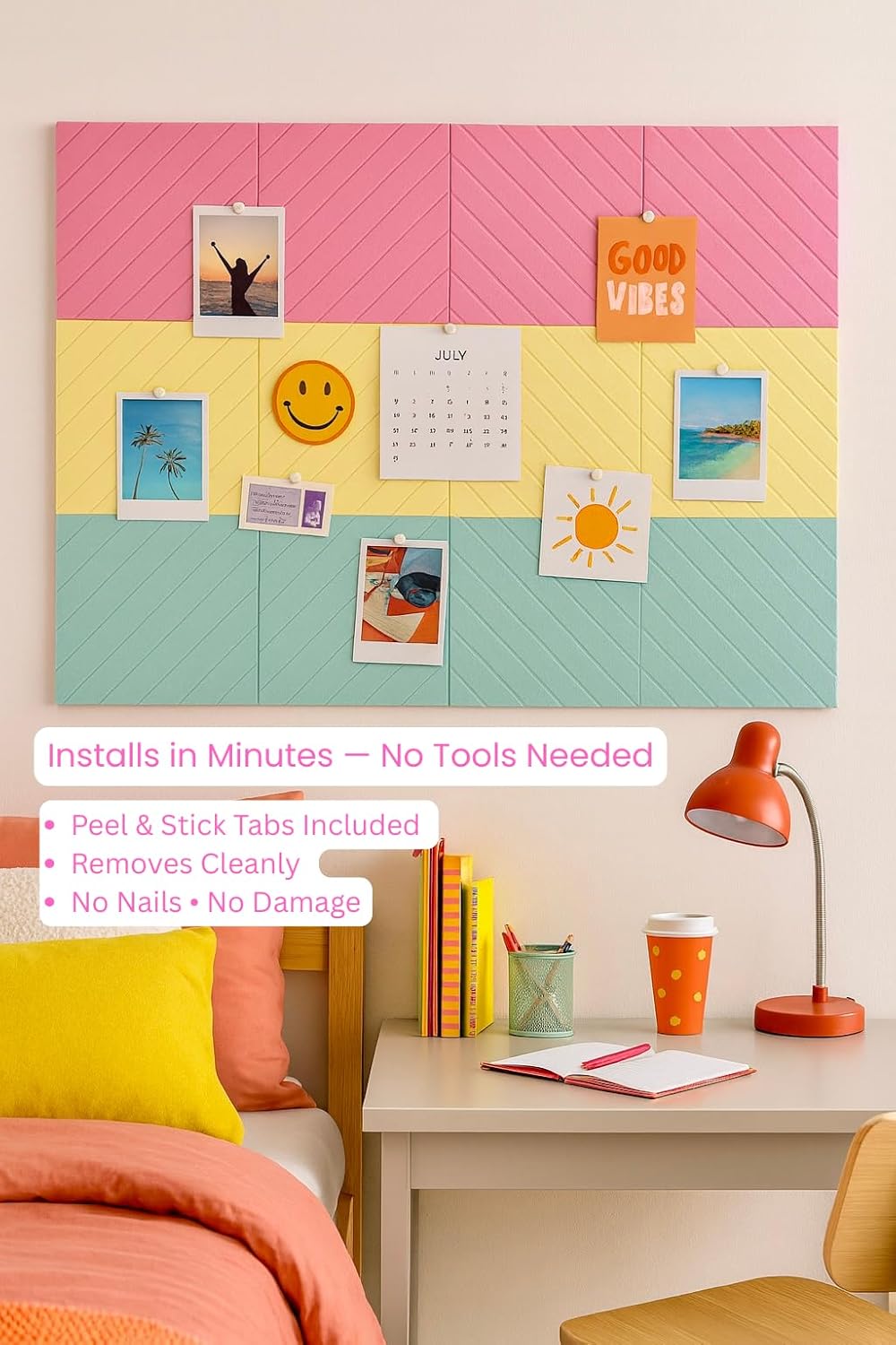 Decorative Felt Wall Tiles Bulletin Board - Large 47" x 35" Modern Pin Board Wall System for Home, Nursery, Dorm & Classroom - 12 Pack Cork Board Alternative with Push Pins & Adhesive Tabs (Sherbet)