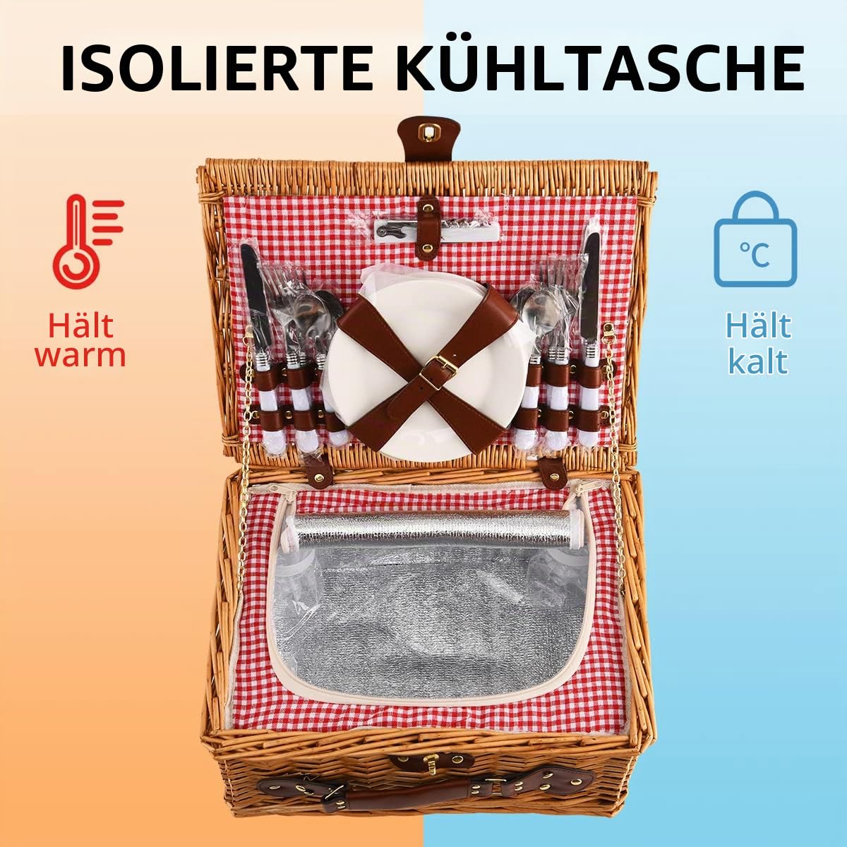 Willow Hamper Picknickkorb für 4 Personen mit isoliertem Kühlfach und wasserdichter Decke, Besteckservice-Set, Picknickkörbe aus Korbgeflecht, Picknickkorb-Sets