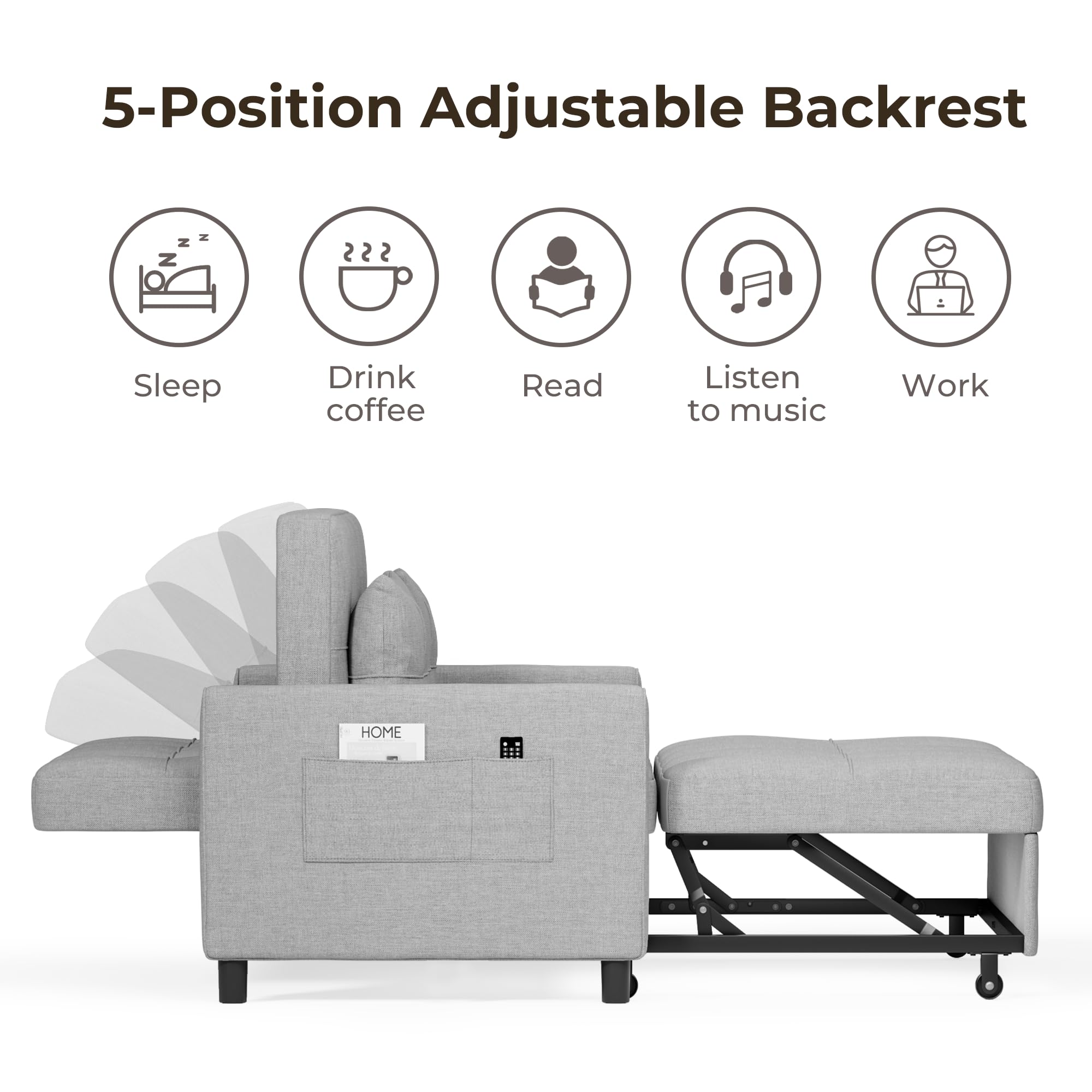 Divano Letto 2 Posti 3 in 1,Divano Matrimoniale Prontoletto Estraibile con 2 Guanciali e Tasche Laterali per Soggiorno, Camera da Letto o Ufficio,132X80X90cm,Grigio chiaro