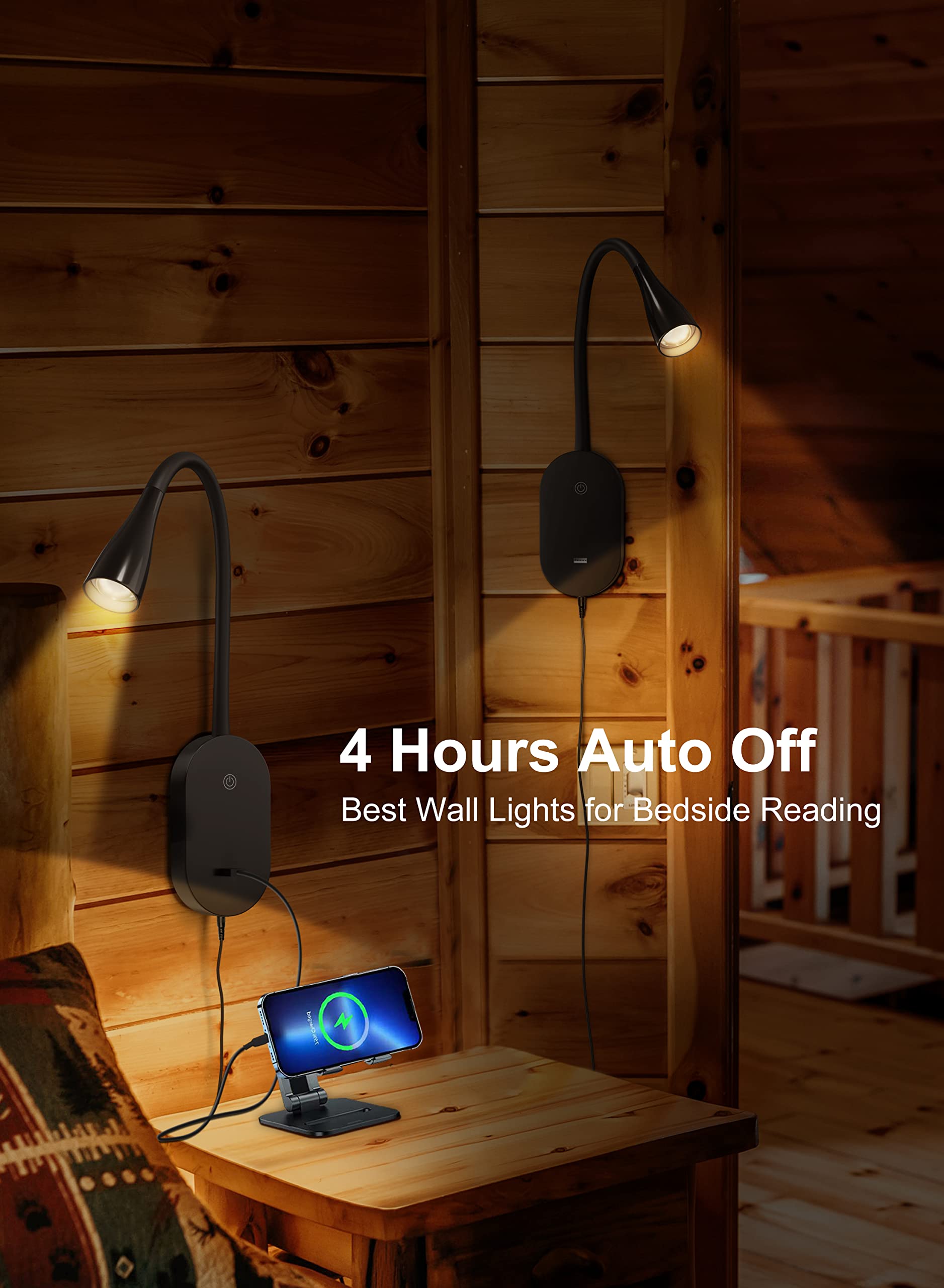 deeloop Lámpara de lectura LED para cama, lámpara de lectura con salida USB, 5 niveles de brillo, control táctil, 4000 K, lámpara de noche flexible, 2 sencillos