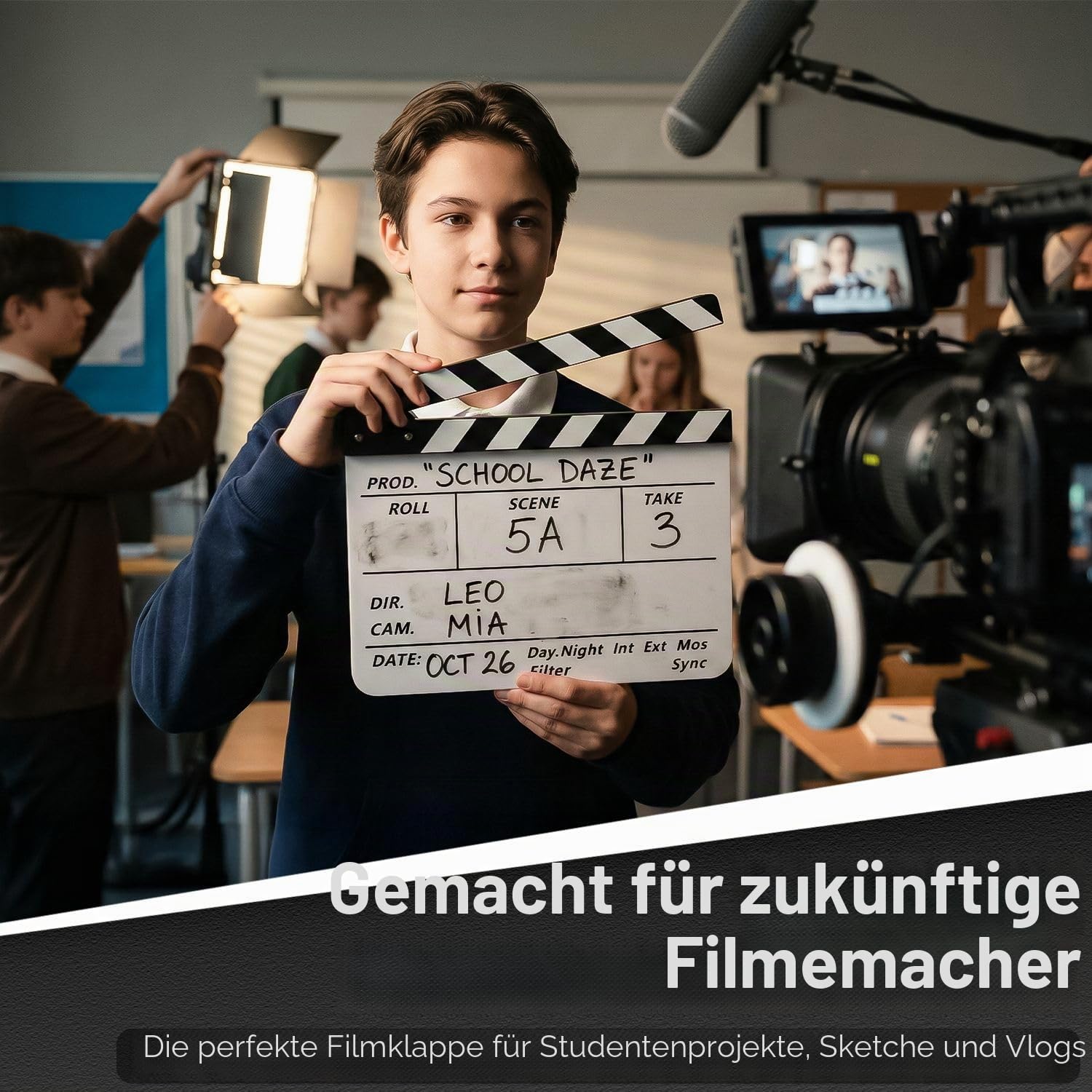Flexzion Filmklappe für Regisseure, Acryl-Platte trocken abwischbar, Filmtafel für Studio, Kamera, Theaterrequisiten, TV, Video, Filmschnitt, Action-Szene – 25,4 x 30,5 cm mit schwarz/weißen