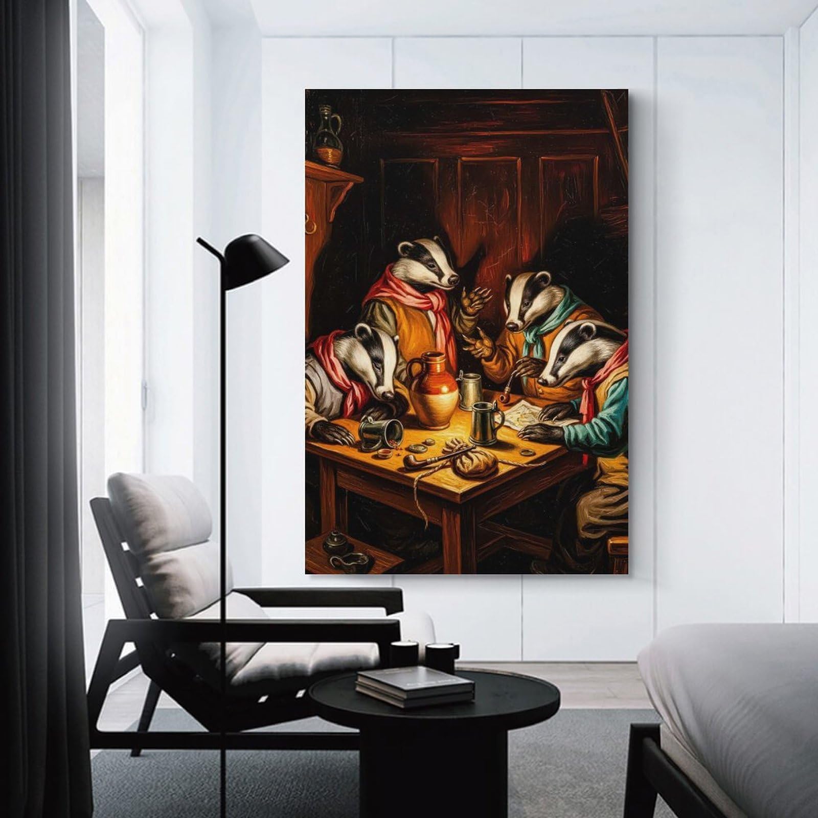 Junmoney Anthropomorphic Badgers at Tavern Table Painting Decorative Wall Artwork, 20x30inch(50x75cm), for Home Lounge, Bedroom Or Reading Nook, Easy Decor for Gallery Walls