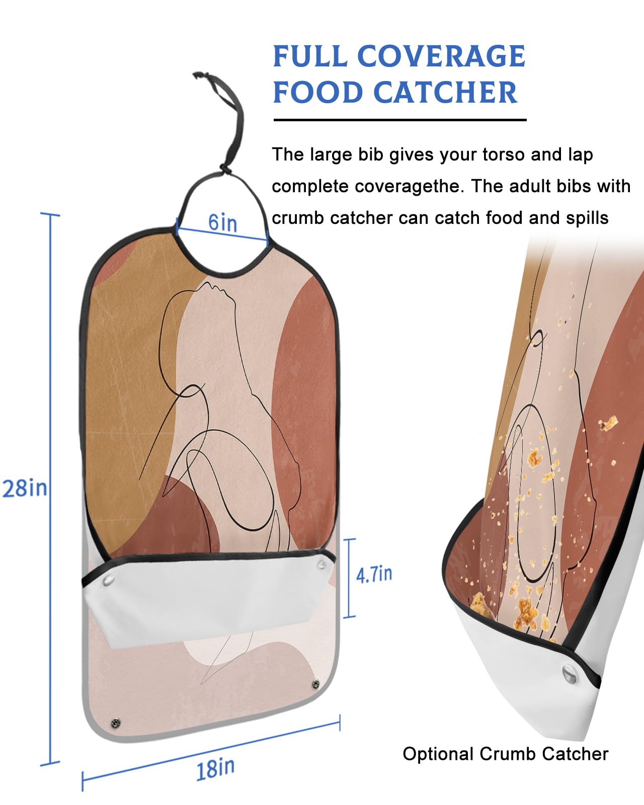 Middle Century Abstract Adult Bibs for Eating, Waterproof Bibs with Food Catcher & Adjustable Snap Closure, Minimalistic Line Art Painting Washable Clothing Protectors Adult Bibs for Elderly Women/Men