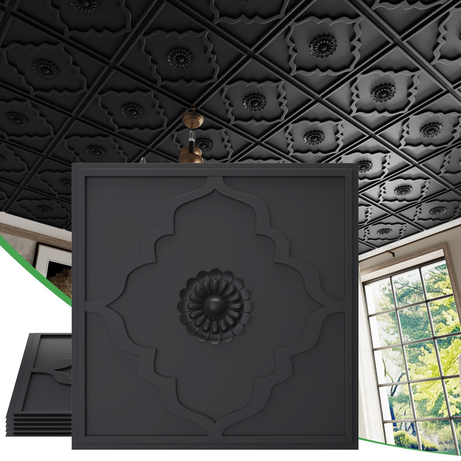 24 PCS 2x2 FT Black Floral Diamond Grid Decorative Ceiling Tiles, 24x24 Inch 3D Modern Minimalist Ceiling Panels, PVC Waterproof Cuttable Material Ideal for Living Room Bedroom Cover 96 Sq.Ft