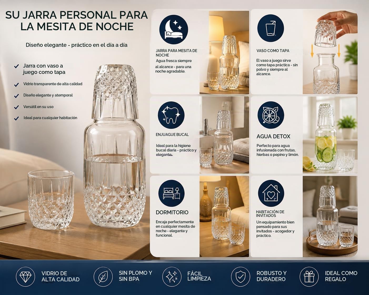 Bedside Water Carafe With Glass Set Karaffe mit Glas Wasser Night Wasserkaraffe Bedroom Karaffen Wasserkrug Nachttisch Glaskrug Glaskrug Glaskanne Wasserflasche Krug Trinkgläser Mouthwash
