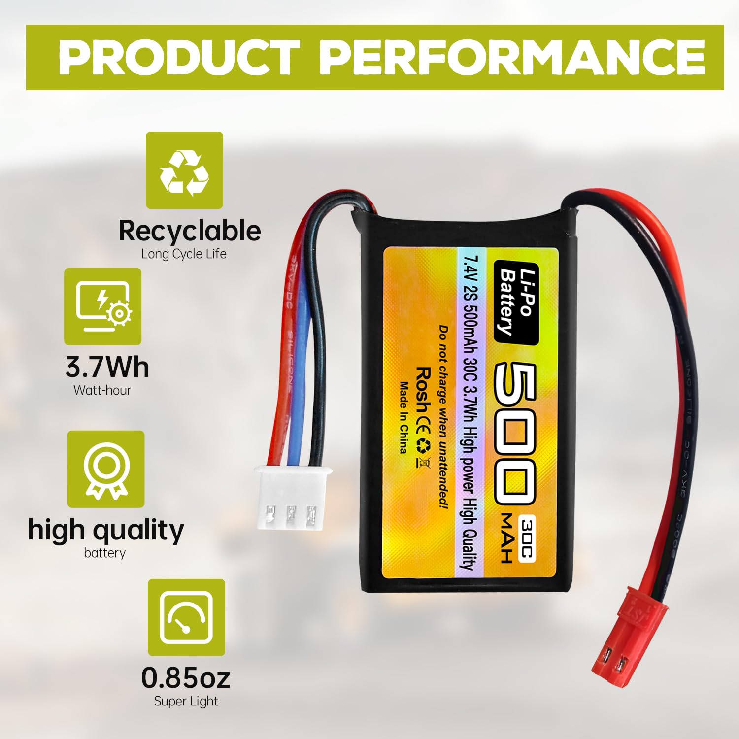 2PCS 7.4V 500mAh 30C JST-2P Plug Lipo Battery With 2-in-1