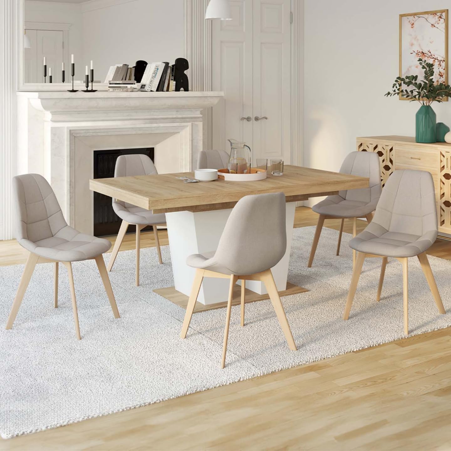IDMarket - Conjunto de 6 sillas escandinavas Gaby tela beige para comedor